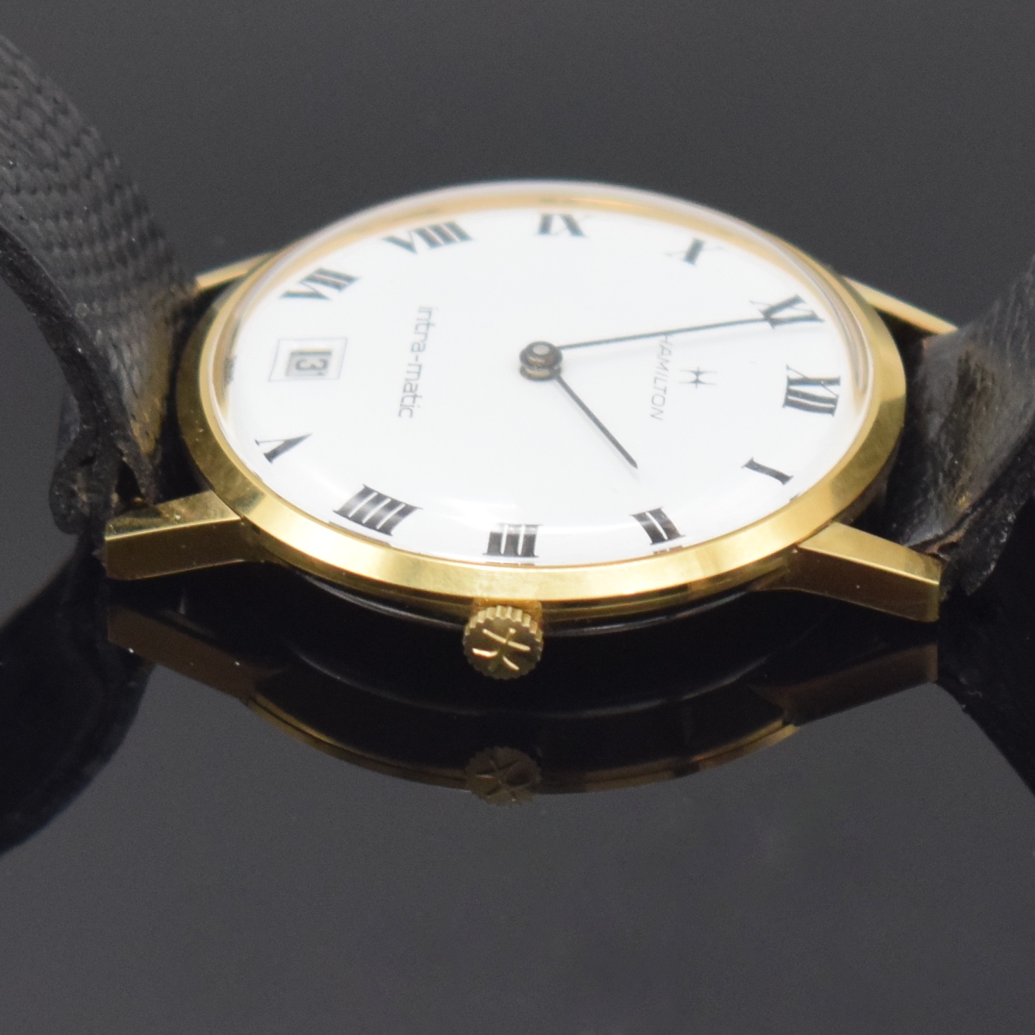 Detail e: HAMILTON Intra-Matic Referenz 92006-4 nahezu neuwertige Armbanduhr, Schweiz um 1965, Automatik, verg. Geh., Stahlboden aufgedr., orig. Krone, weißes ...