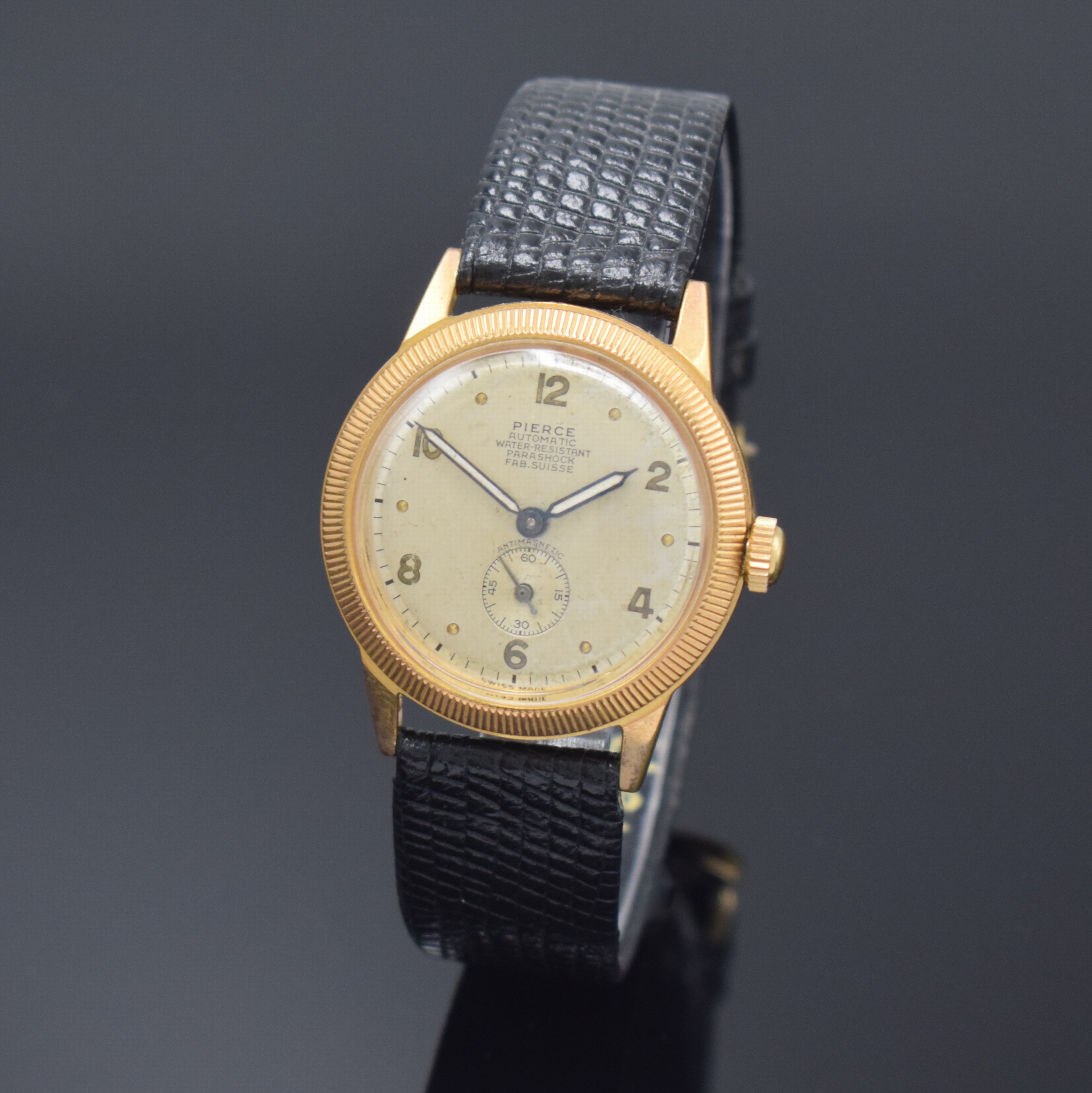 PIERCE Automatik vergoldete Armbanduhr, Schweiz um 1940, frühes Rüttel-Automatikwerk, neutrales späteres Geh., silb. Zifferbl. fl., kl. Sek. b. 6, ...