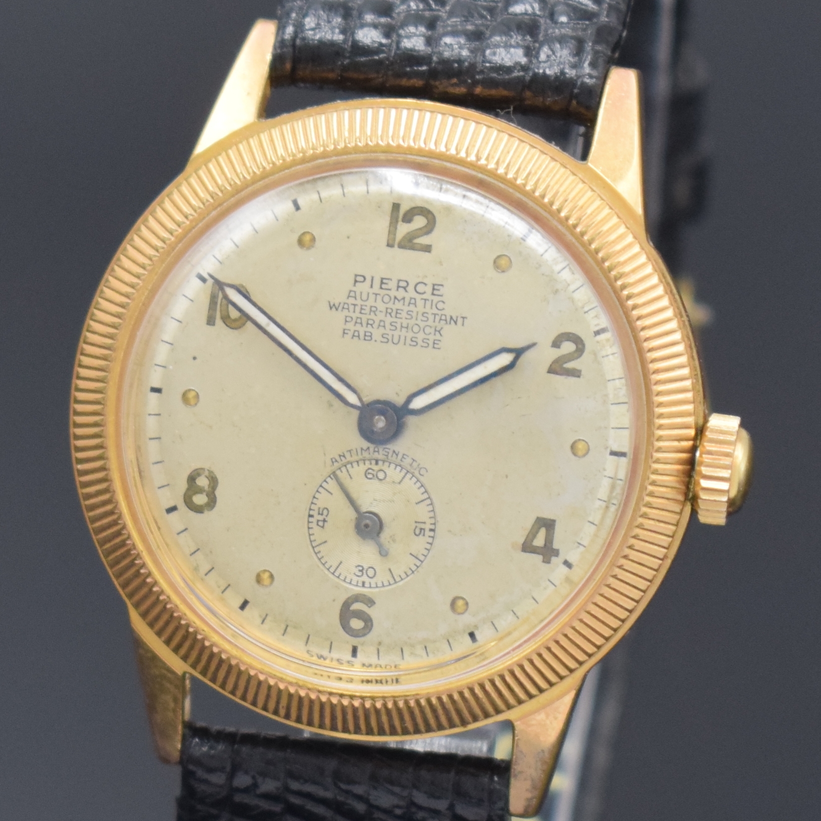 Detail a: PIERCE Automatik vergoldete Armbanduhr, Schweiz um 1940, frühes Rüttel-Automatikwerk, neutrales späteres Geh., silb. Zifferbl. fl., kl. Sek. b. 6, ...