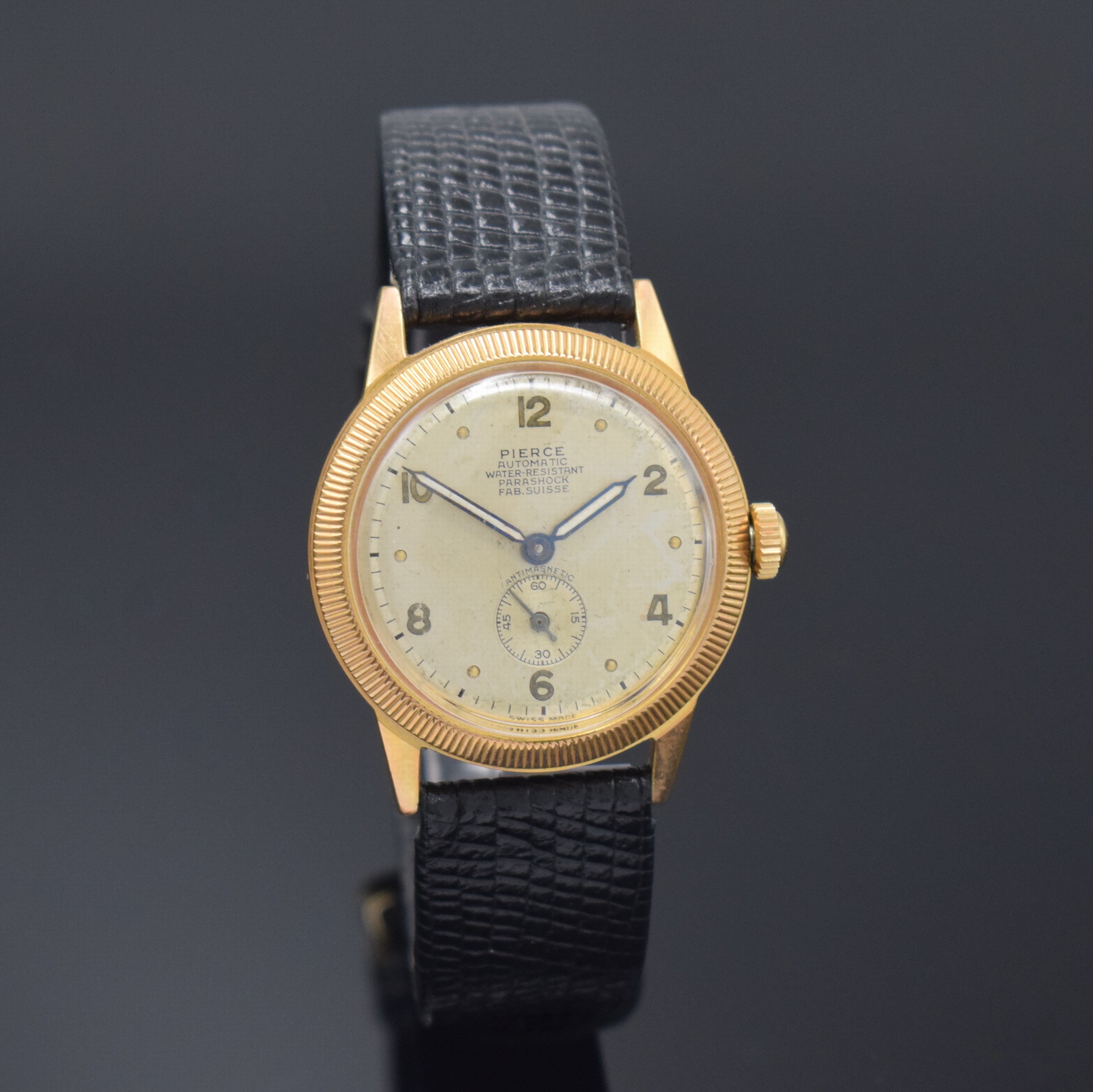 Detail b: PIERCE Automatik vergoldete Armbanduhr, Schweiz um 1940, frühes Rüttel-Automatikwerk, neutrales späteres Geh., silb. Zifferbl. fl., kl. Sek. b. 6, ...