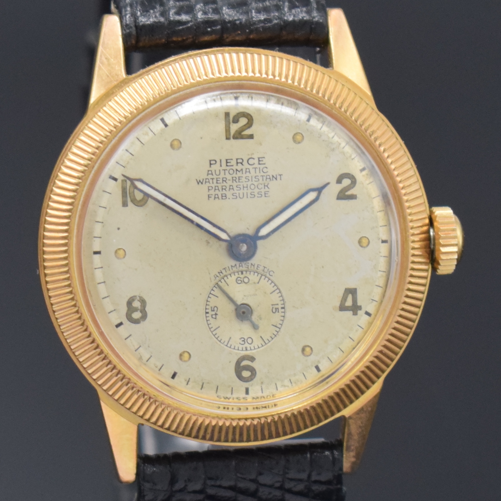 Detail c: PIERCE Automatik vergoldete Armbanduhr, Schweiz um 1940, frühes Rüttel-Automatikwerk, neutrales späteres Geh., silb. Zifferbl. fl., kl. Sek. b. 6, ...