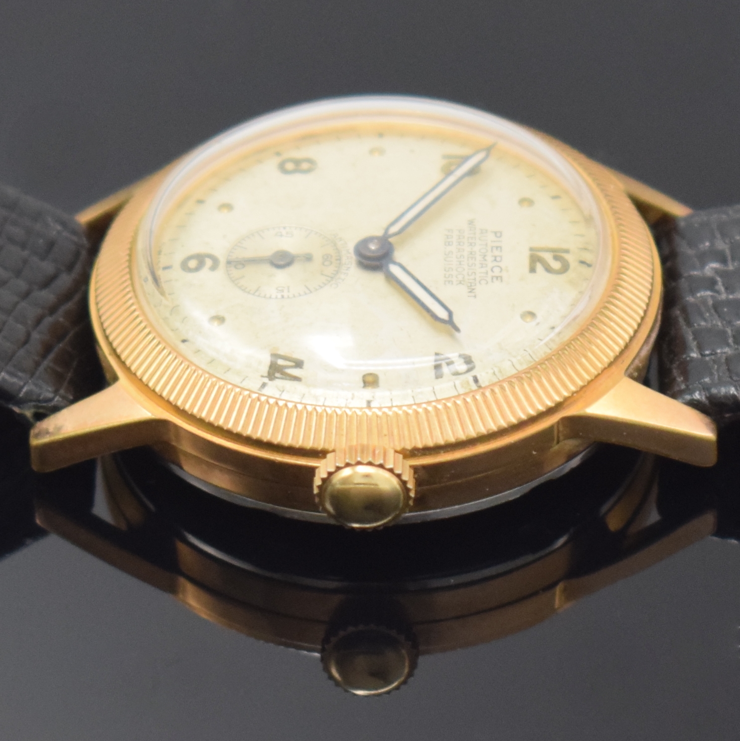 Detail e: PIERCE Automatik vergoldete Armbanduhr, Schweiz um 1940, frühes Rüttel-Automatikwerk, neutrales späteres Geh., silb. Zifferbl. fl., kl. Sek. b. 6, ...