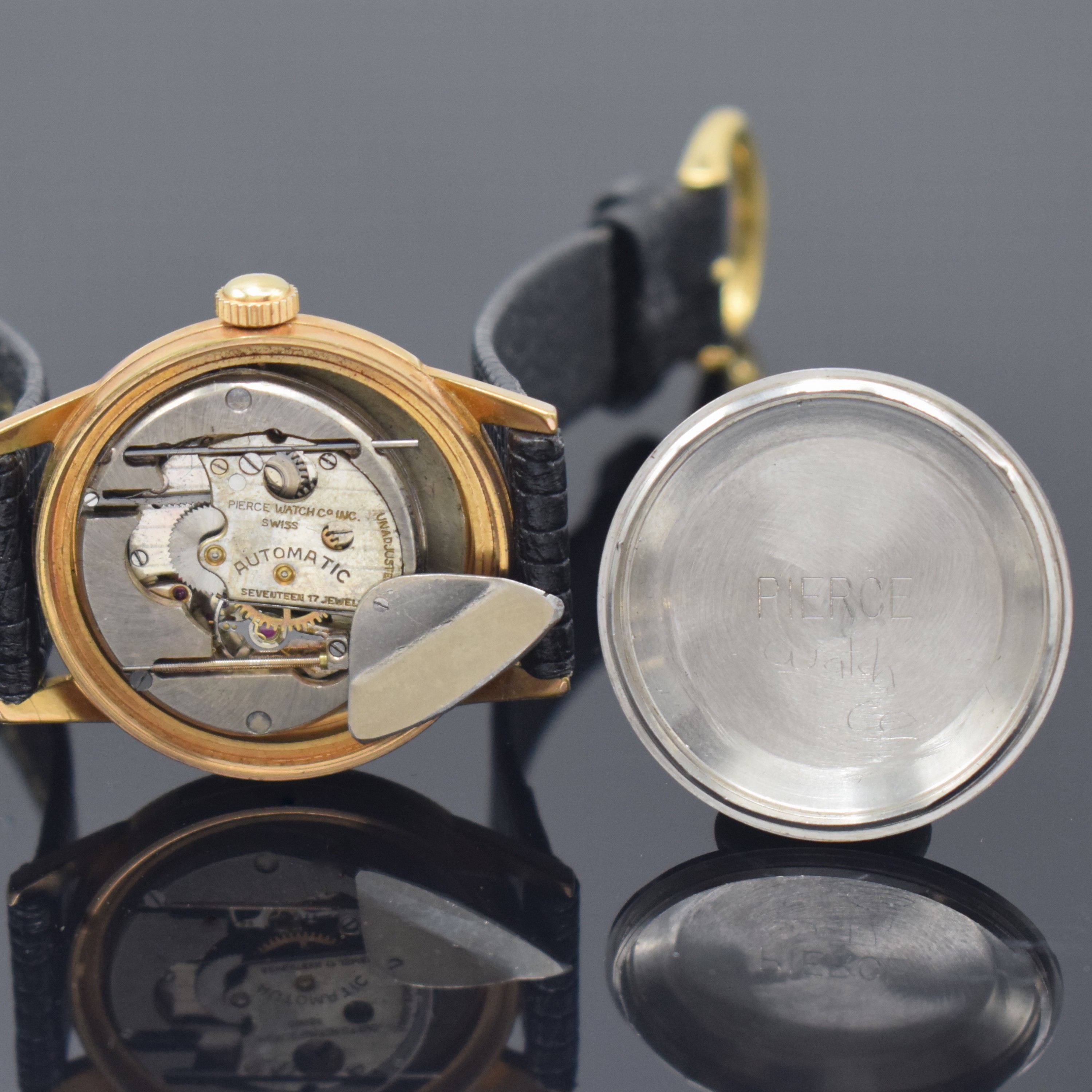 Detail g: PIERCE Automatik vergoldete Armbanduhr, Schweiz um 1940, frühes Rüttel-Automatikwerk, neutrales späteres Geh., silb. Zifferbl. fl., kl. Sek. b. 6, ...