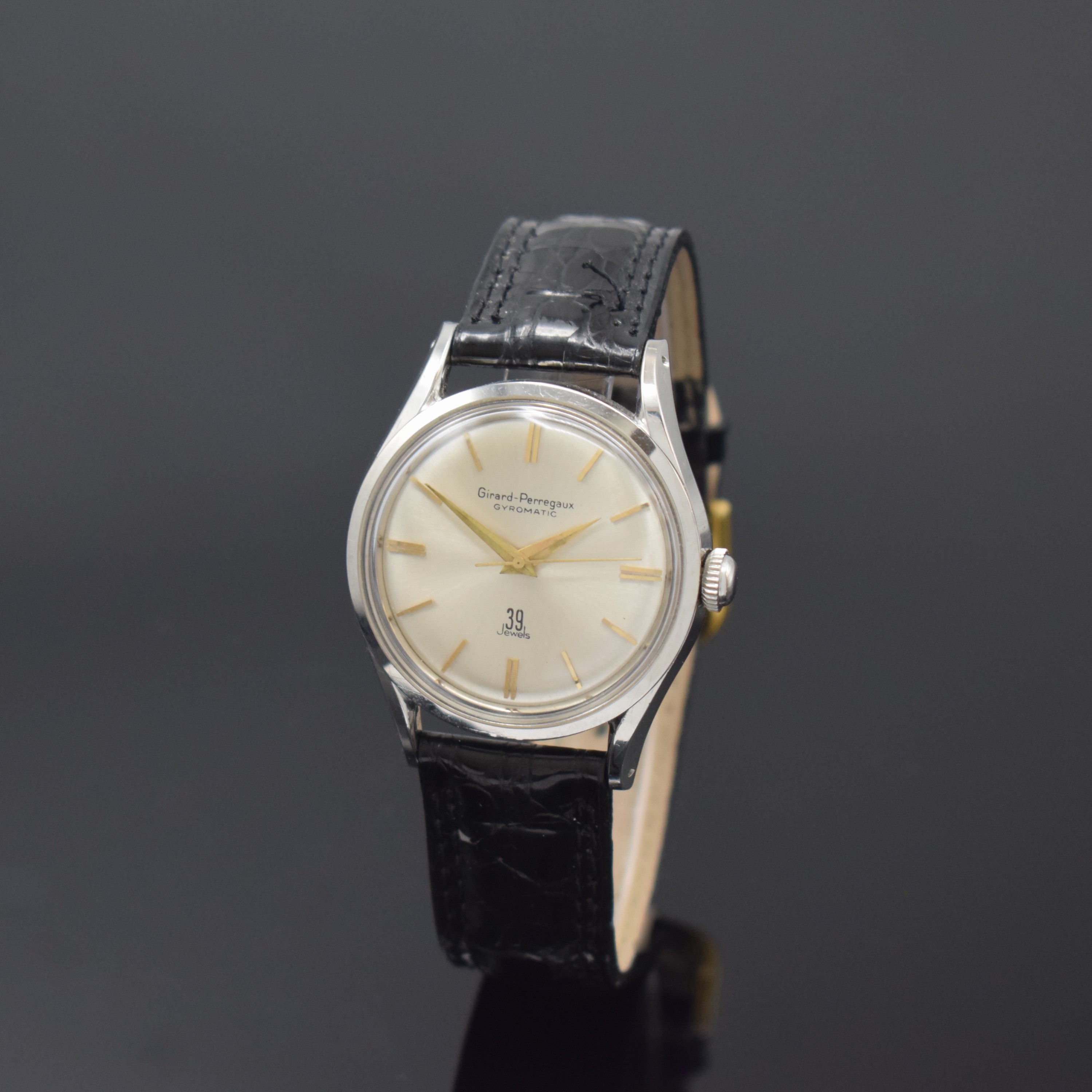 GIRARD PERREGAUX Gyromtic Armbanduhr in Stahl, Schweiz um 1960, Automatik, 2-tlg. Geh., Boden verschr., silb. Zifferbl., gold. Indizes u. Zeiger, ...