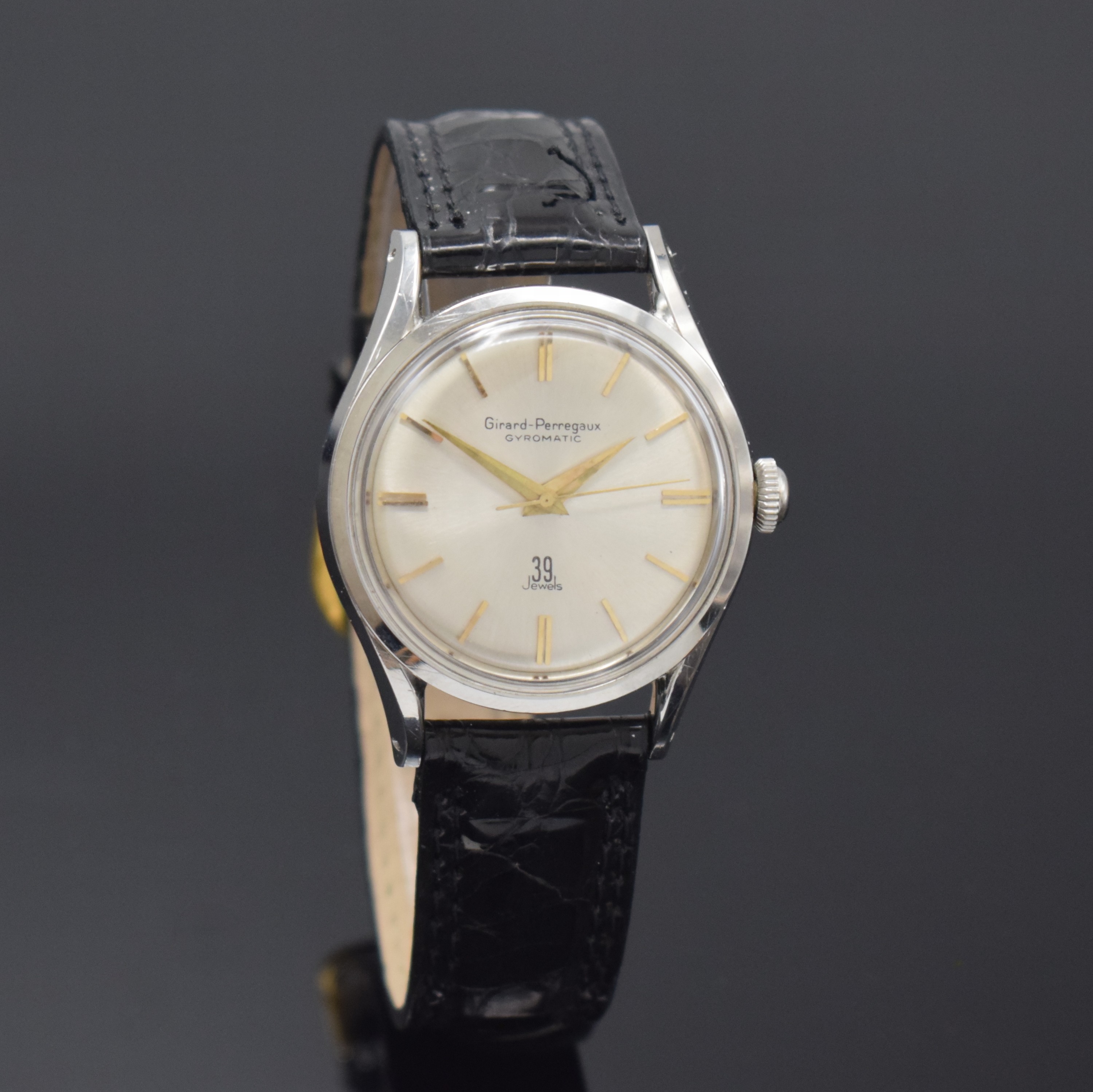 Detail b: GIRARD PERREGAUX Gyromtic Armbanduhr in Stahl, Schweiz um 1960, Automatik, 2-tlg. Geh., Boden verschr., silb. Zifferbl., gold. Indizes u. Zeiger, ...