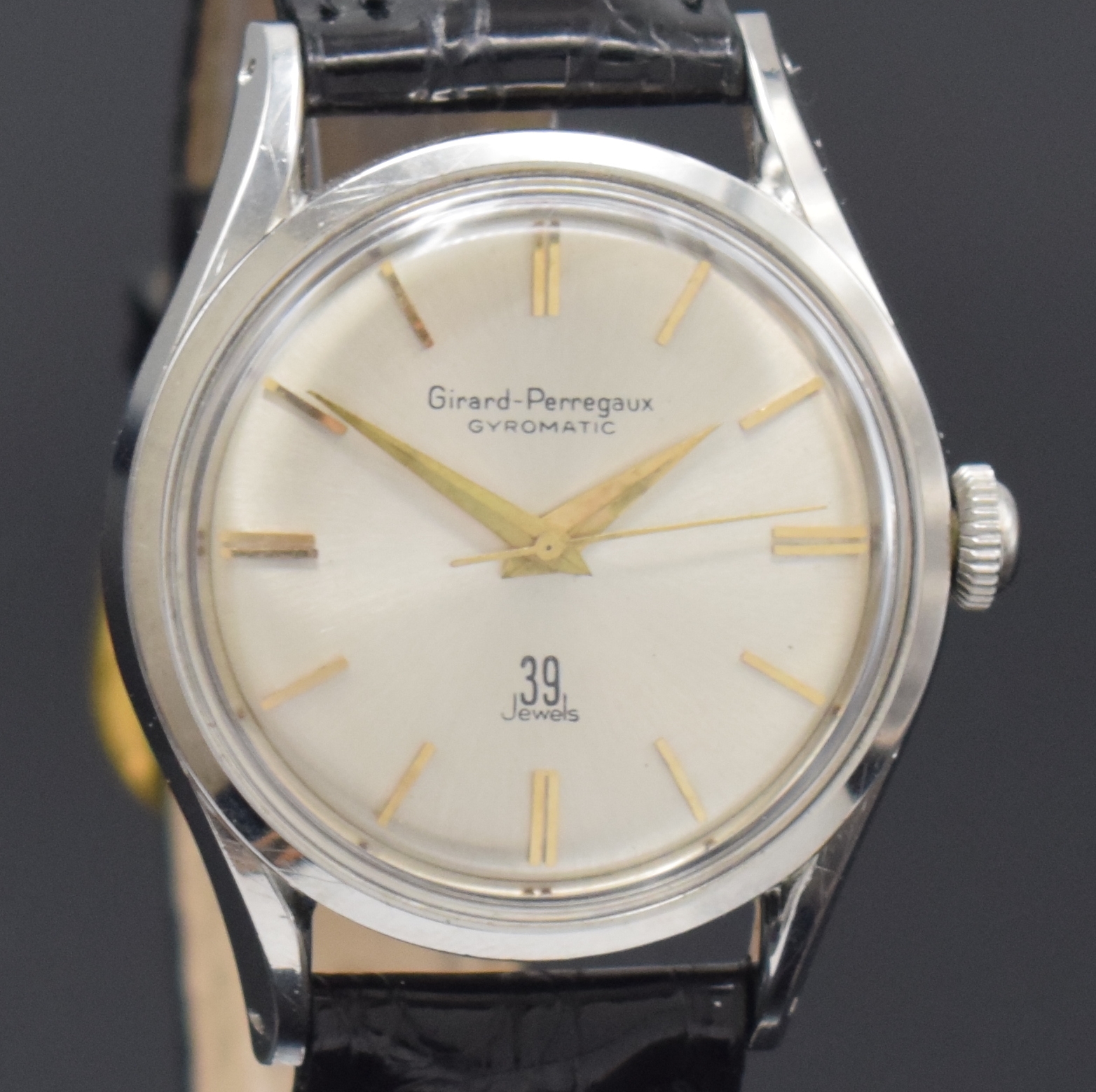 Detail c: GIRARD PERREGAUX Gyromtic Armbanduhr in Stahl, Schweiz um 1960, Automatik, 2-tlg. Geh., Boden verschr., silb. Zifferbl., gold. Indizes u. Zeiger, ...