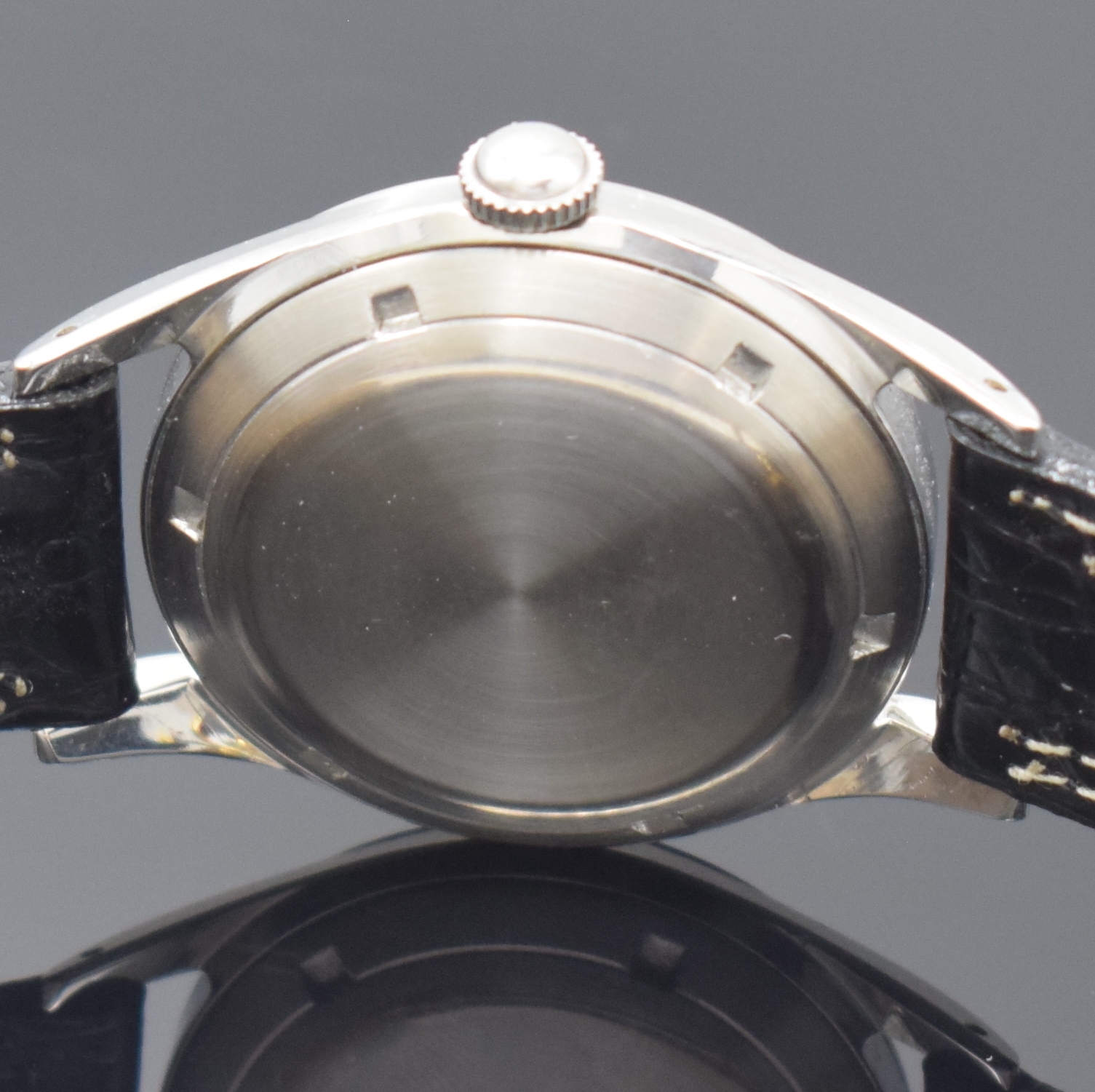 Detail f: GIRARD PERREGAUX Gyromtic Armbanduhr in Stahl, Schweiz um 1960, Automatik, 2-tlg. Geh., Boden verschr., silb. Zifferbl., gold. Indizes u. Zeiger, ...