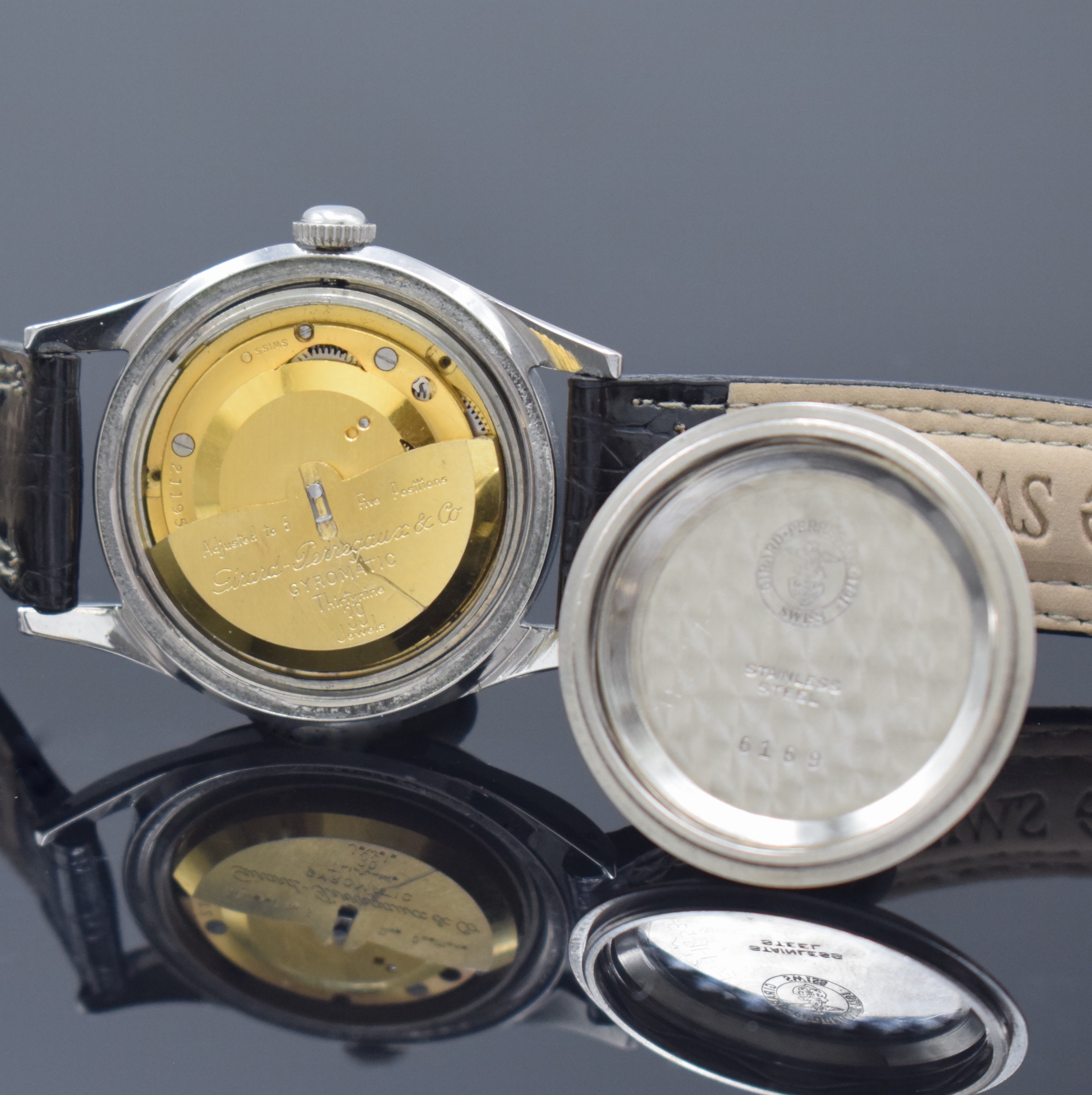 Detail g: GIRARD PERREGAUX Gyromtic Armbanduhr in Stahl, Schweiz um 1960, Automatik, 2-tlg. Geh., Boden verschr., silb. Zifferbl., gold. Indizes u. Zeiger, ...