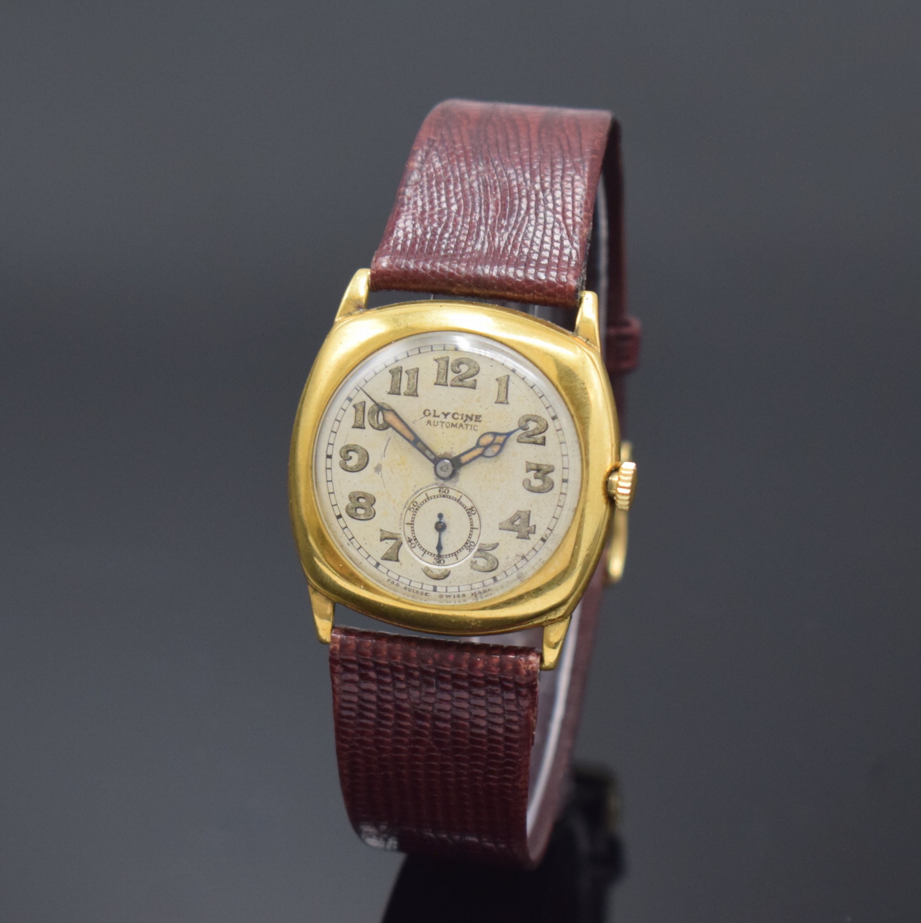 GLYCINE seltene frühe Automatik-Armbanduhr, Schweiz um 1935, kissenförm. Geh. verg., Boden u. Glasrand gedr., silb. Zifferbl. fl., arab. ...
