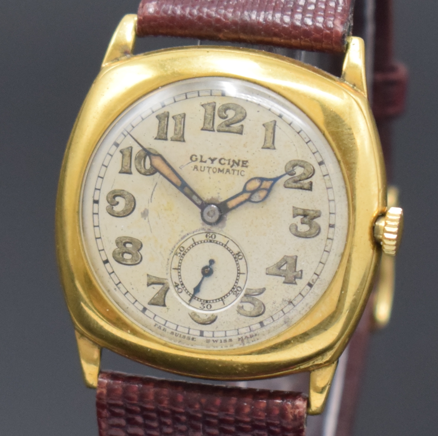 Detail a: GLYCINE seltene frühe Automatik-Armbanduhr, Schweiz um 1935, kissenförm. Geh. verg., Boden u. Glasrand gedr., silb. Zifferbl. fl., arab. ...