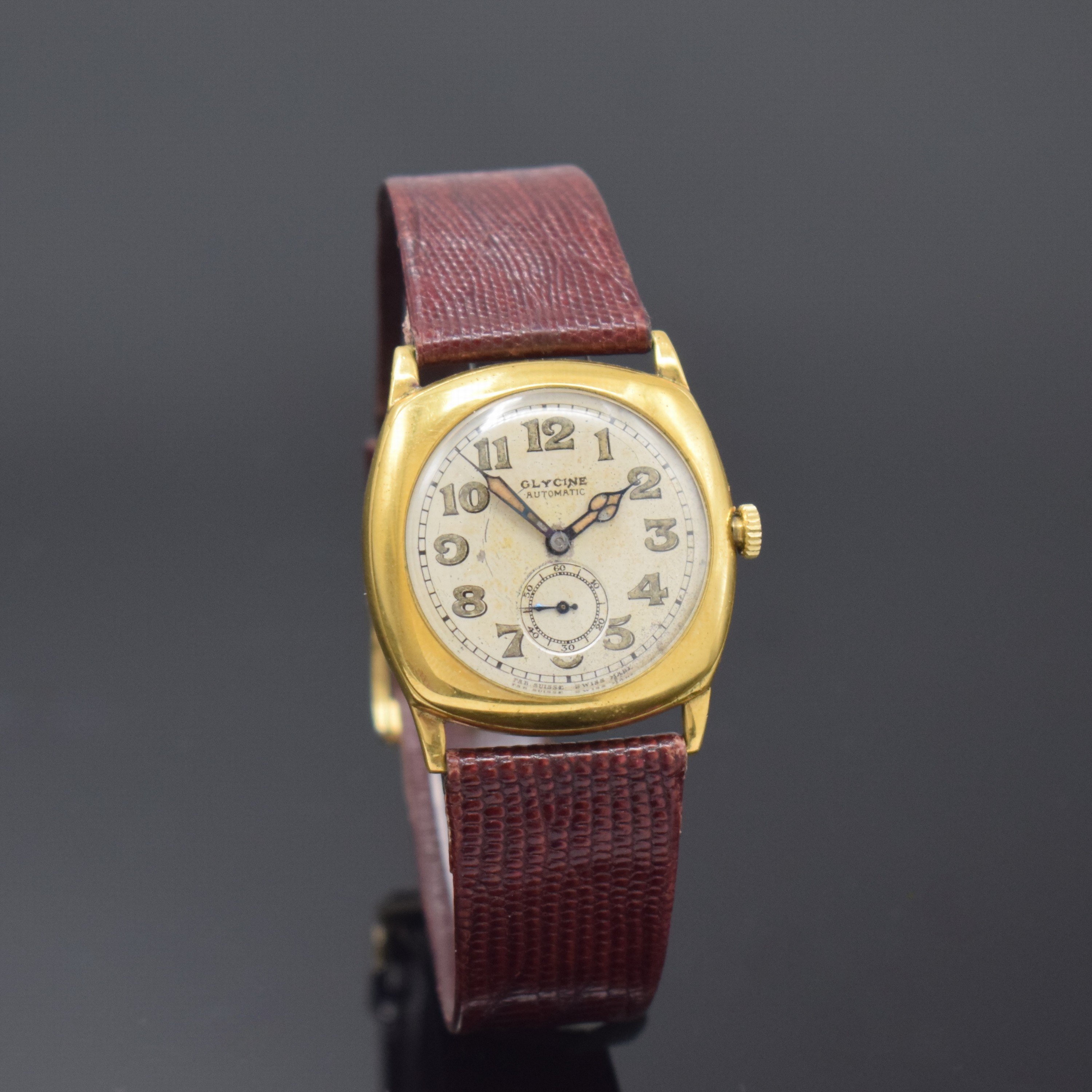 Detail b: GLYCINE seltene frühe Automatik-Armbanduhr, Schweiz um 1935, kissenförm. Geh. verg., Boden u. Glasrand gedr., silb. Zifferbl. fl., arab. ...