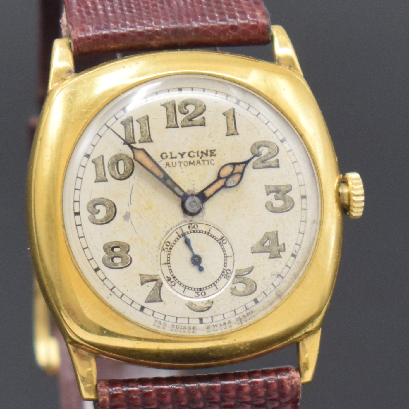 Detail c: GLYCINE seltene frühe Automatik-Armbanduhr, Schweiz um 1935, kissenförm. Geh. verg., Boden u. Glasrand gedr., silb. Zifferbl. fl., arab. ...