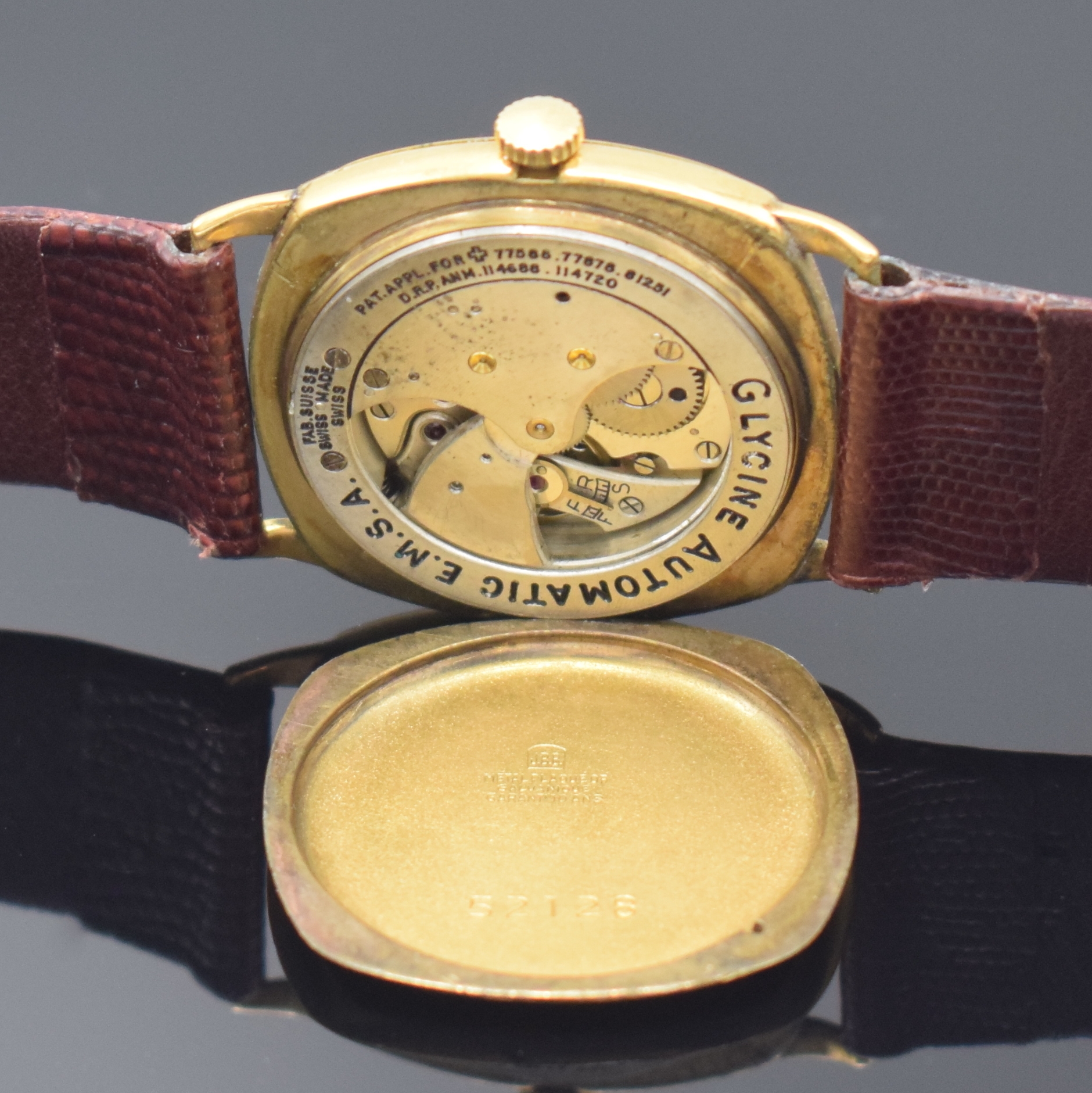 Detail g: GLYCINE seltene frühe Automatik-Armbanduhr, Schweiz um 1935, kissenförm. Geh. verg., Boden u. Glasrand gedr., silb. Zifferbl. fl., arab. ...