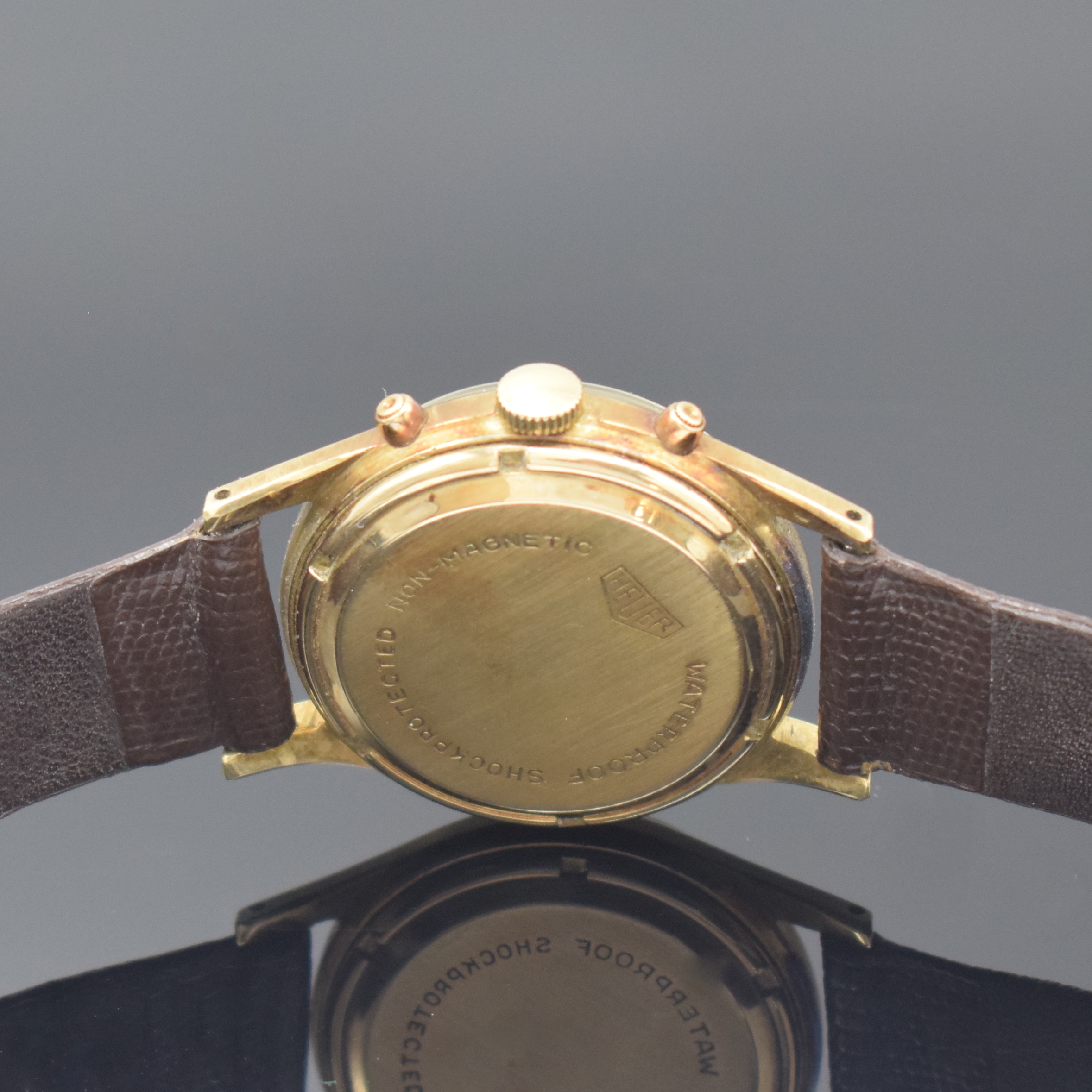 Detail c: HEUER Automatic seltene Armbanduhr mit Vollkalender in GG 585/000, Schweiz um 1950, Hammerautomatik, 2-tlg. Geh., Boden verschr.,seitl. Korrekturdr. ...