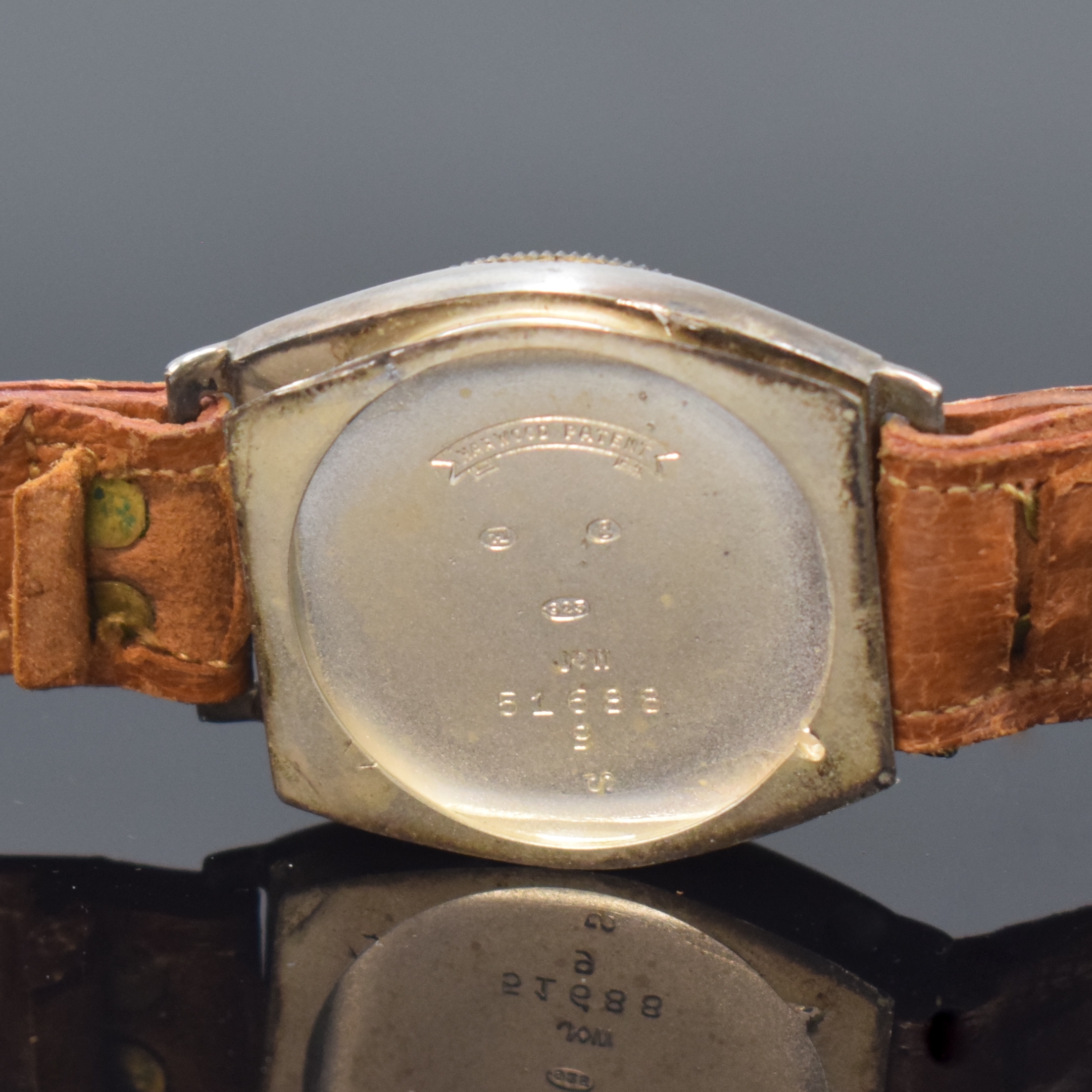 Detail g: HARWOOD frühe Automatik-Armbanduhr in Silber, Schweiz um 1930, Hammerautomatik, Tonneau- förm. Geh., Boden aufgedr., Riffel-Lünette zur ...