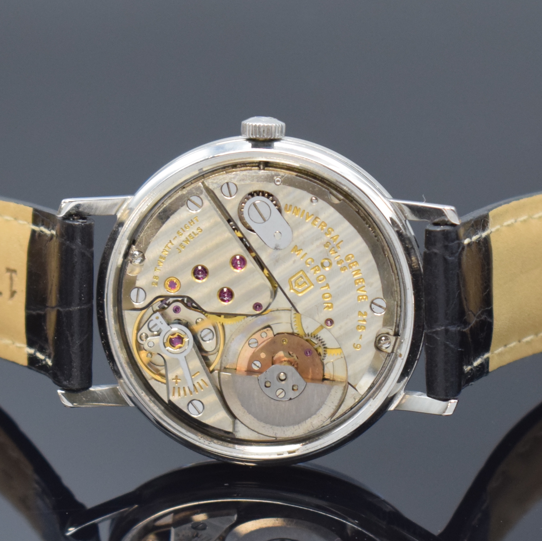 Detail d: UNIVERSAL GENEVE Polerouter Armbanduhr in Stahl, Schweiz um 1965, Automatik, flaches Geh. ohne Nummer, Boden verschr., orig. Krone, silb. Zifferbl. ...