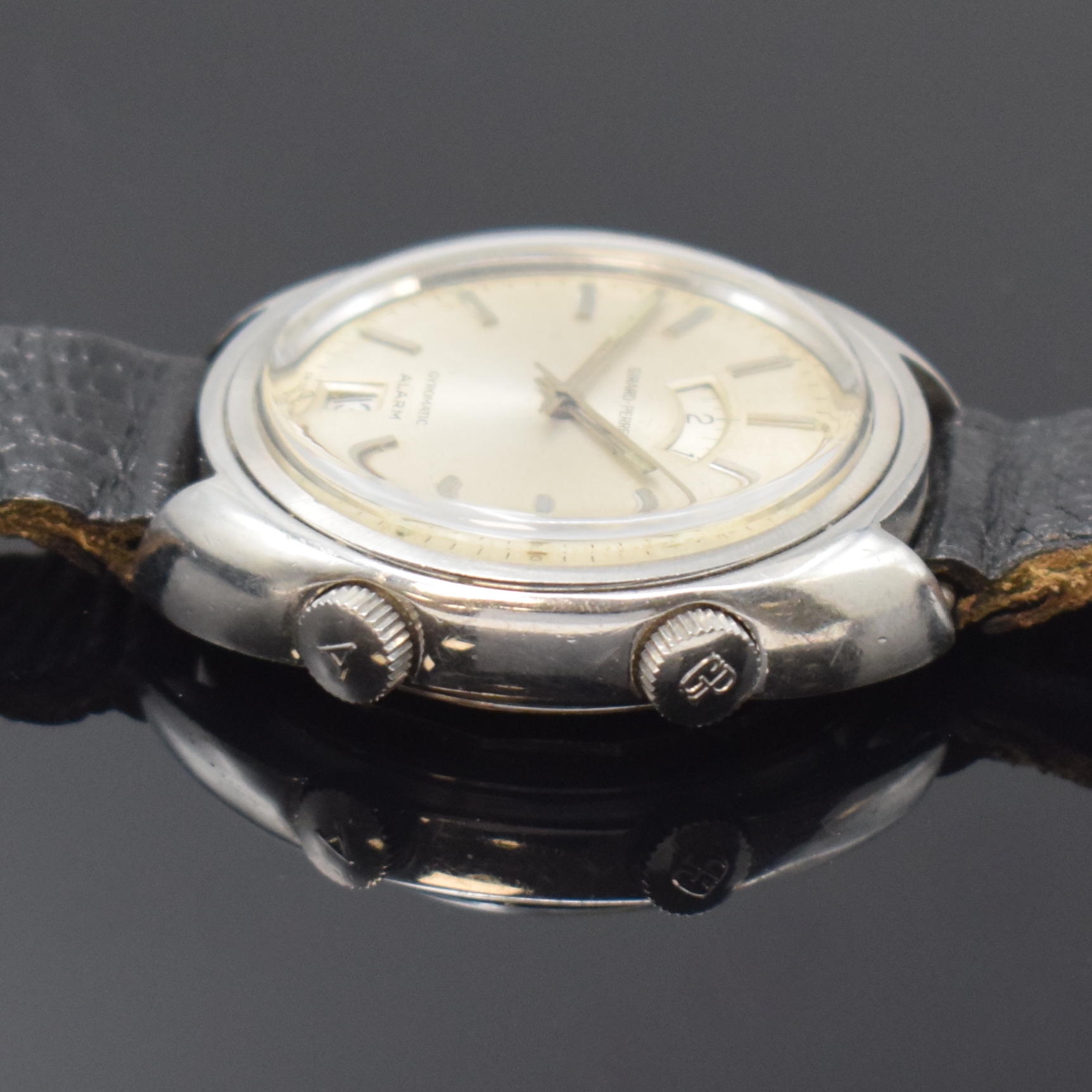 Detail b: GIRARD PERREGAUX Gyromatic Alarm Armbandwecker in Stahl, Schweiz um 1970, Automatik, verschr. Geh., orig. Kronen, silb. Zifferbl. pat., silb. Indizes ...
