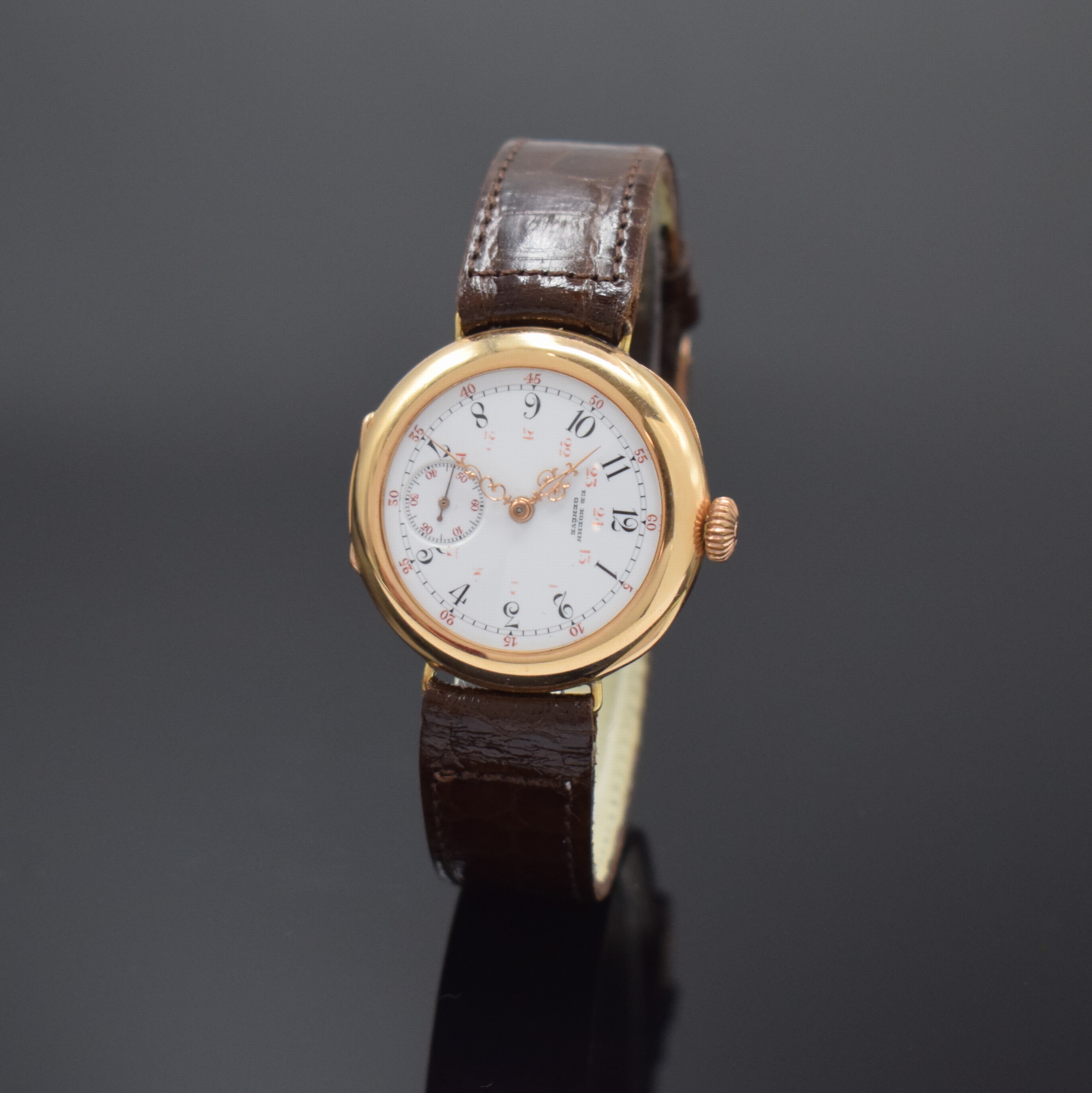 EDWARD KOEHN sehr hochwertige Taschenuhr zur Armbanduhr umgebaut in RG 750/000, Schweiz um 1900, Scharniergeh. m. Monogramm-Grav., Gold-Cuvette bez. ...