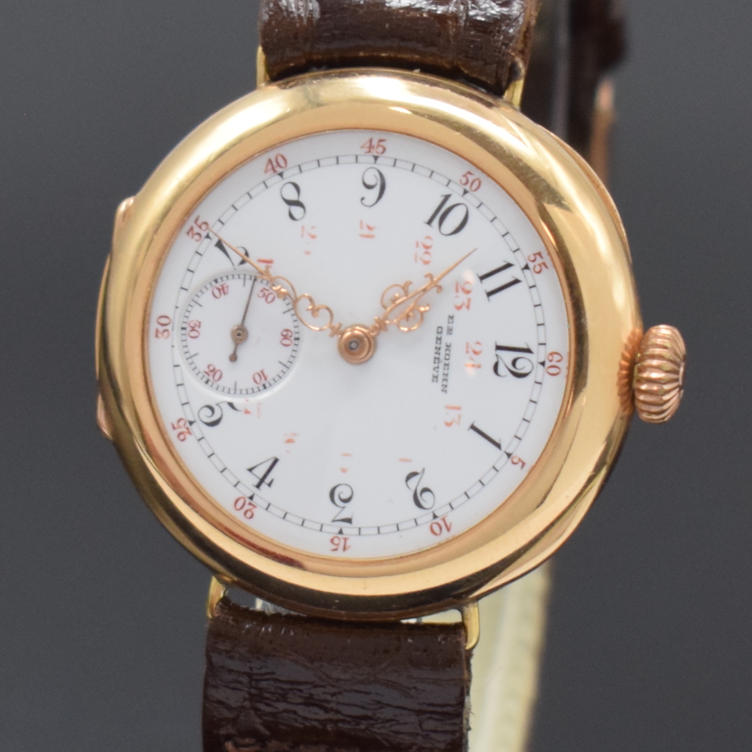 Detail a: EDWARD KOEHN sehr hochwertige Taschenuhr zur Armbanduhr umgebaut in RG 750/000, Schweiz um 1900, Scharniergeh. m. Monogramm-Grav., Gold-Cuvette bez. ...