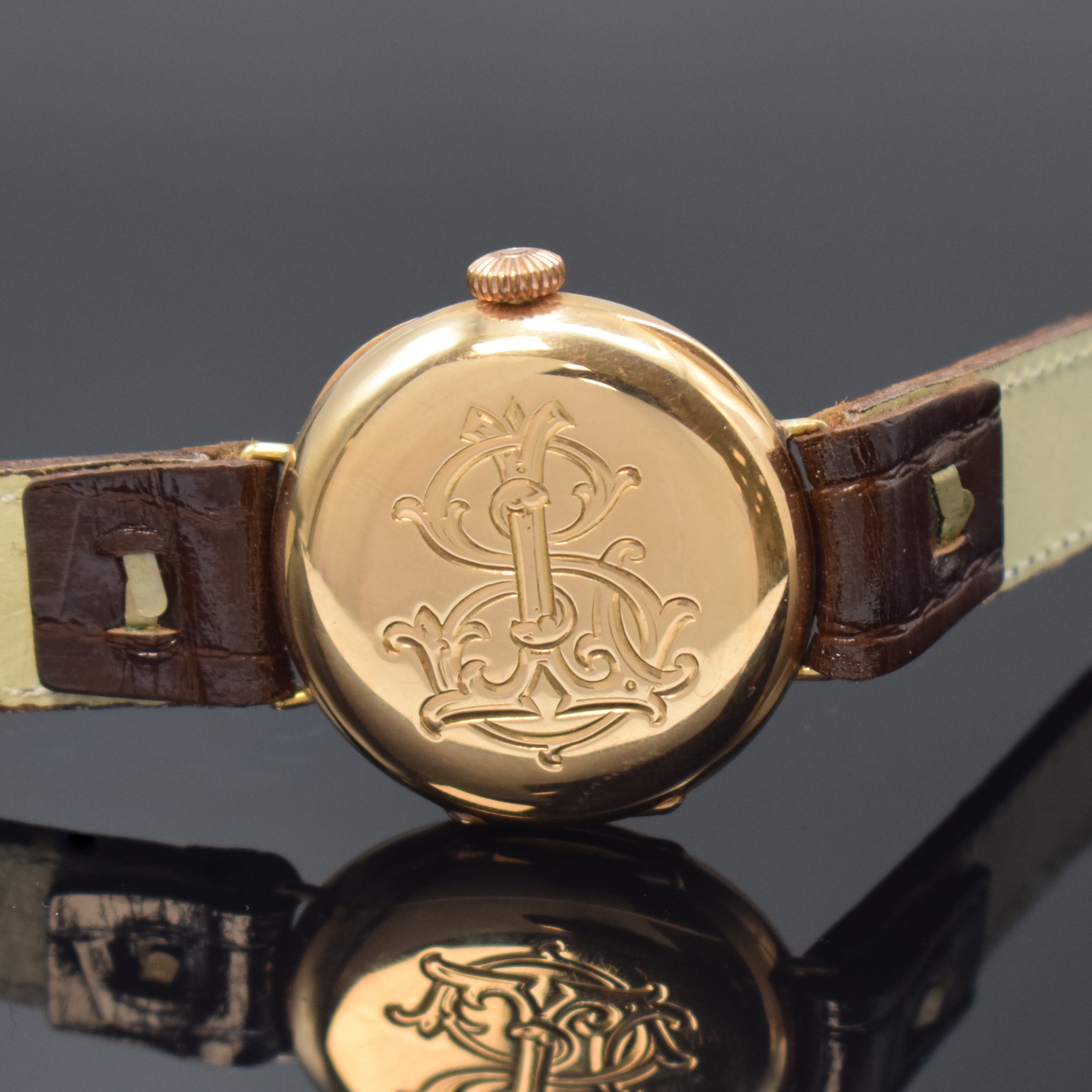 Detail c: EDWARD KOEHN sehr hochwertige Taschenuhr zur Armbanduhr umgebaut in RG 750/000, Schweiz um 1900, Scharniergeh. m. Monogramm-Grav., Gold-Cuvette bez. ...