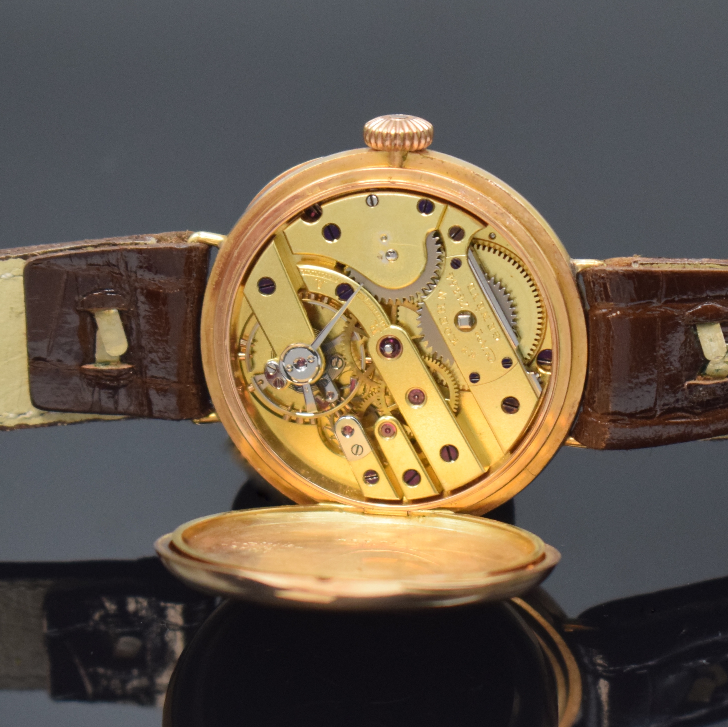 Detail g: EDWARD KOEHN sehr hochwertige Taschenuhr zur Armbanduhr umgebaut in RG 750/000, Schweiz um 1900, Scharniergeh. m. Monogramm-Grav., Gold-Cuvette bez. ...