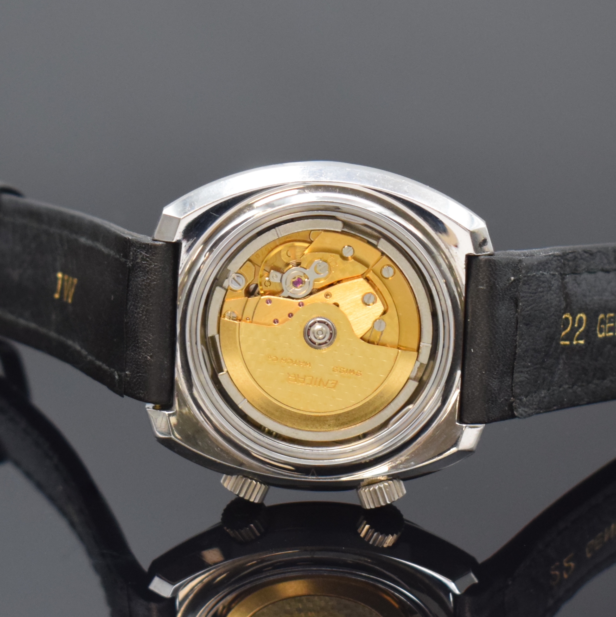 Detail e: ENICAR Sherpa Super Dive Taucheruhr Referenz 167-08-02 in Stahl, Schweiz um 1970, Automatik, unpoliertes Geh., innen-liegende Drehlünette zu ...
