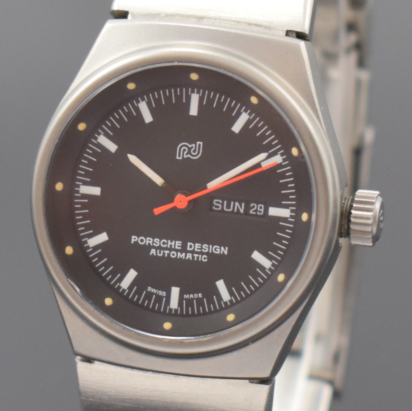 Detail a: PORSCHE DESIGN Referenz 7050 nahezu neuwertige Damenarmbanduhr in Stahl an Stahlband, Schweiz um 1985, Automatik, matt. Geh., Boden u. Krone ...