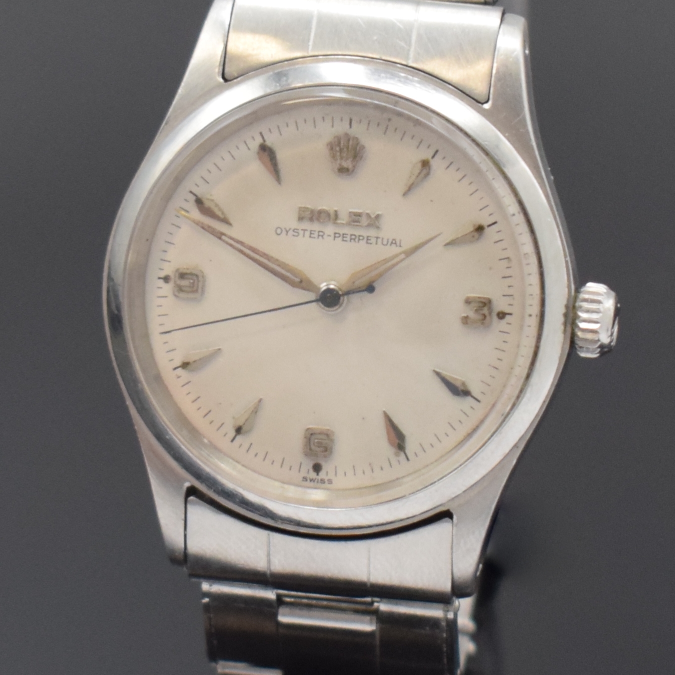 Detail a: ROLEX Oyster Perpetual Armbanduhr Referenz 6532 in Stahl, Schweiz um 1956, Automatik, verschr. Oystergeh., glatte Lünette, Oyster- Nietenband v. ...