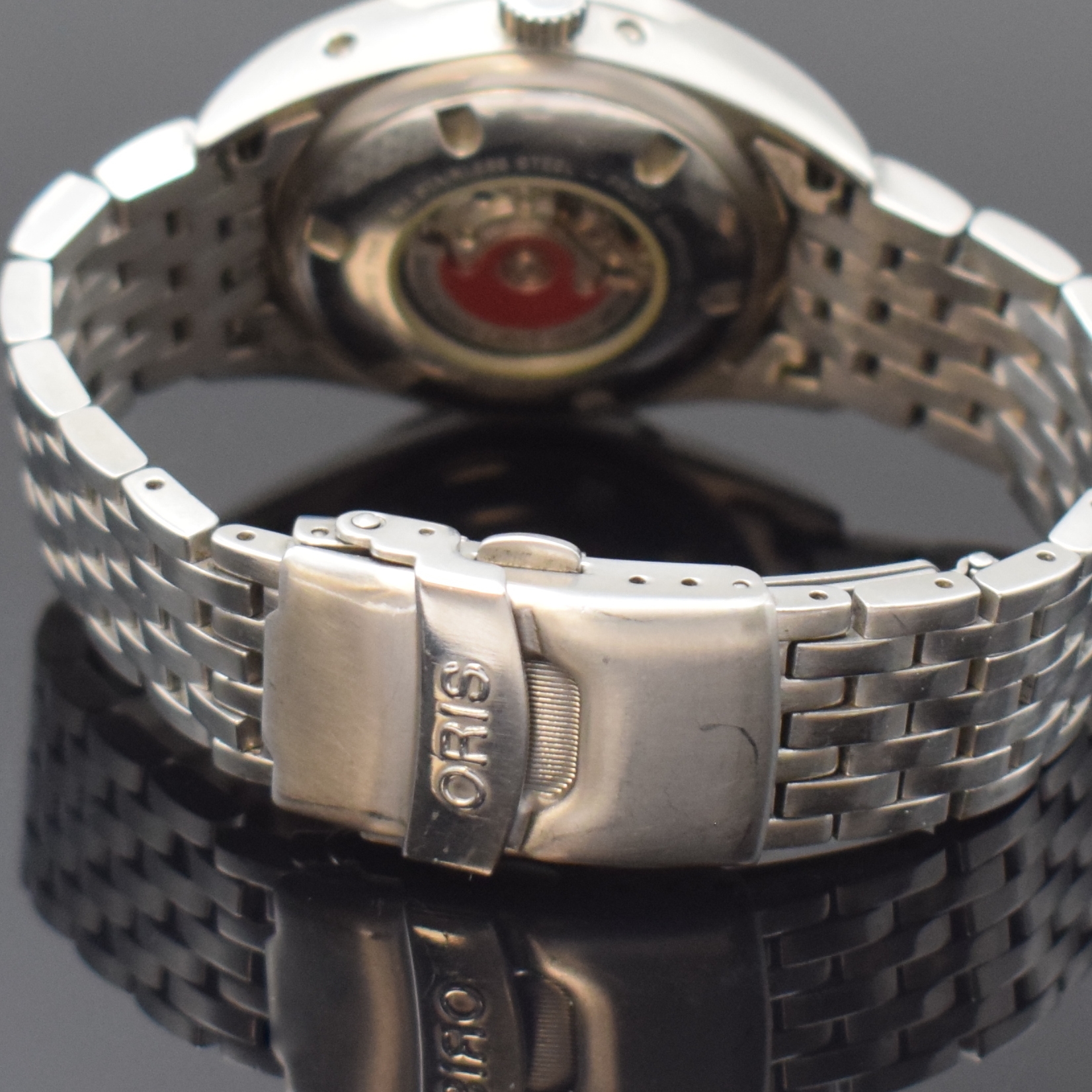Detail b: ORIS Artelier Armbanduhr mit Mondphase, Tag und Datum in Stahl mit Stahlband, Schweiz um 2000, Automatik, beids. vergl. Geh., Boden verschr., silb. ...