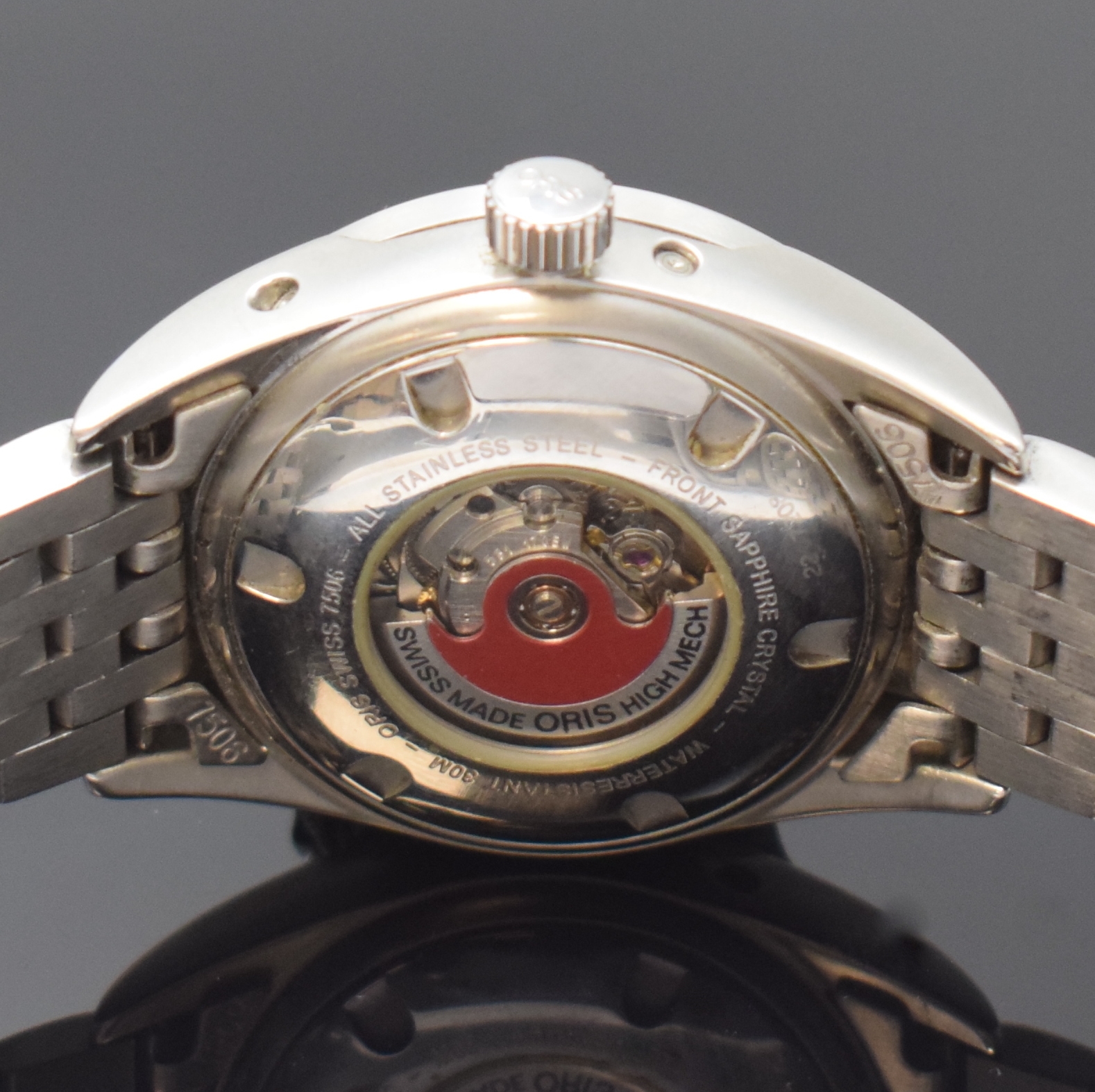Detail e: ORIS Artelier Armbanduhr mit Mondphase, Tag und Datum in Stahl mit Stahlband, Schweiz um 2000, Automatik, beids. vergl. Geh., Boden verschr., silb. ...