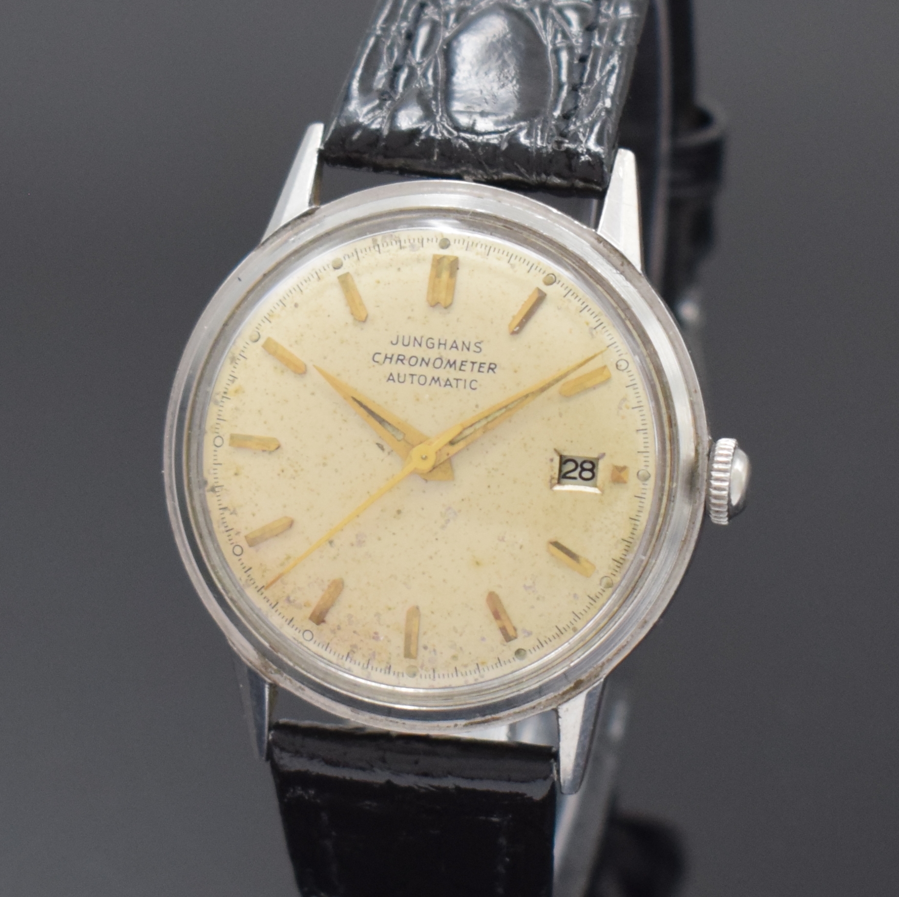 Detail a: JUNGHANS Automatik-Chronometer Kaliber 83 in Stahl, Deutschland um 1960, 2-tlg. Geh., Boden aufgedr., Glasrand zu ers., silb. Zifferbl. pat., gold. ...