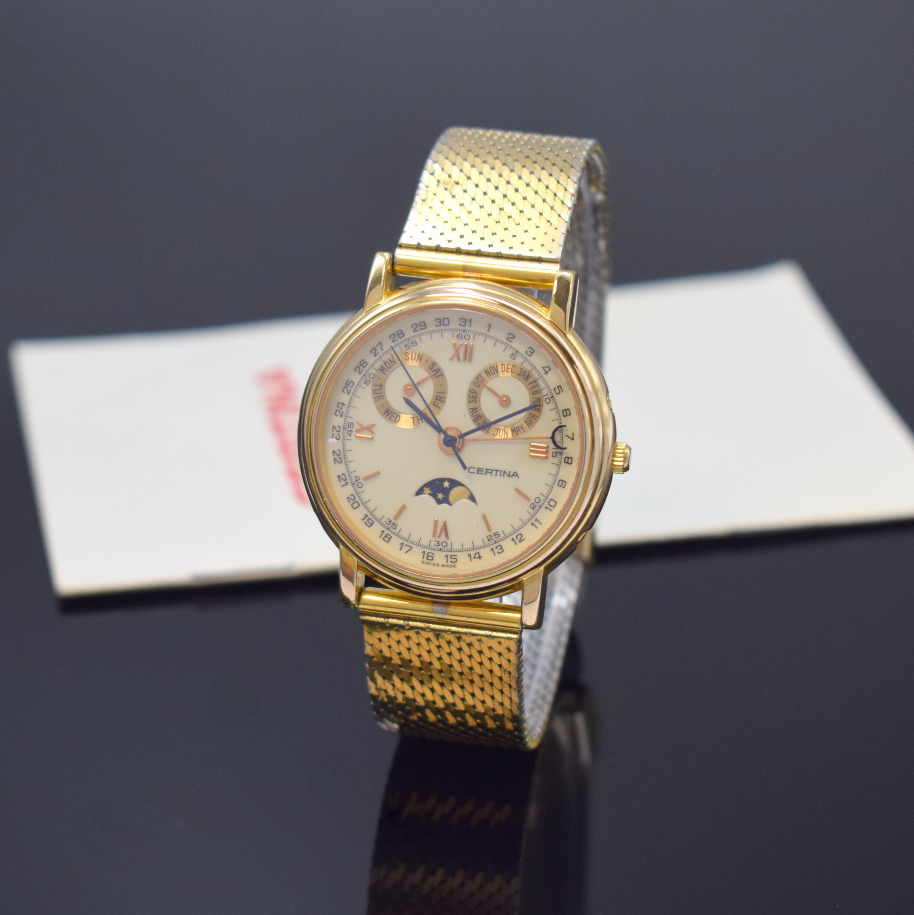 CERTINA vergoldete Armbanduhr mit Vollkalender Referenz 699 1001 29, Schweiz um 1995, Automatik, beids. vergl. Geh., Boden aufgedr., seitl. ...
