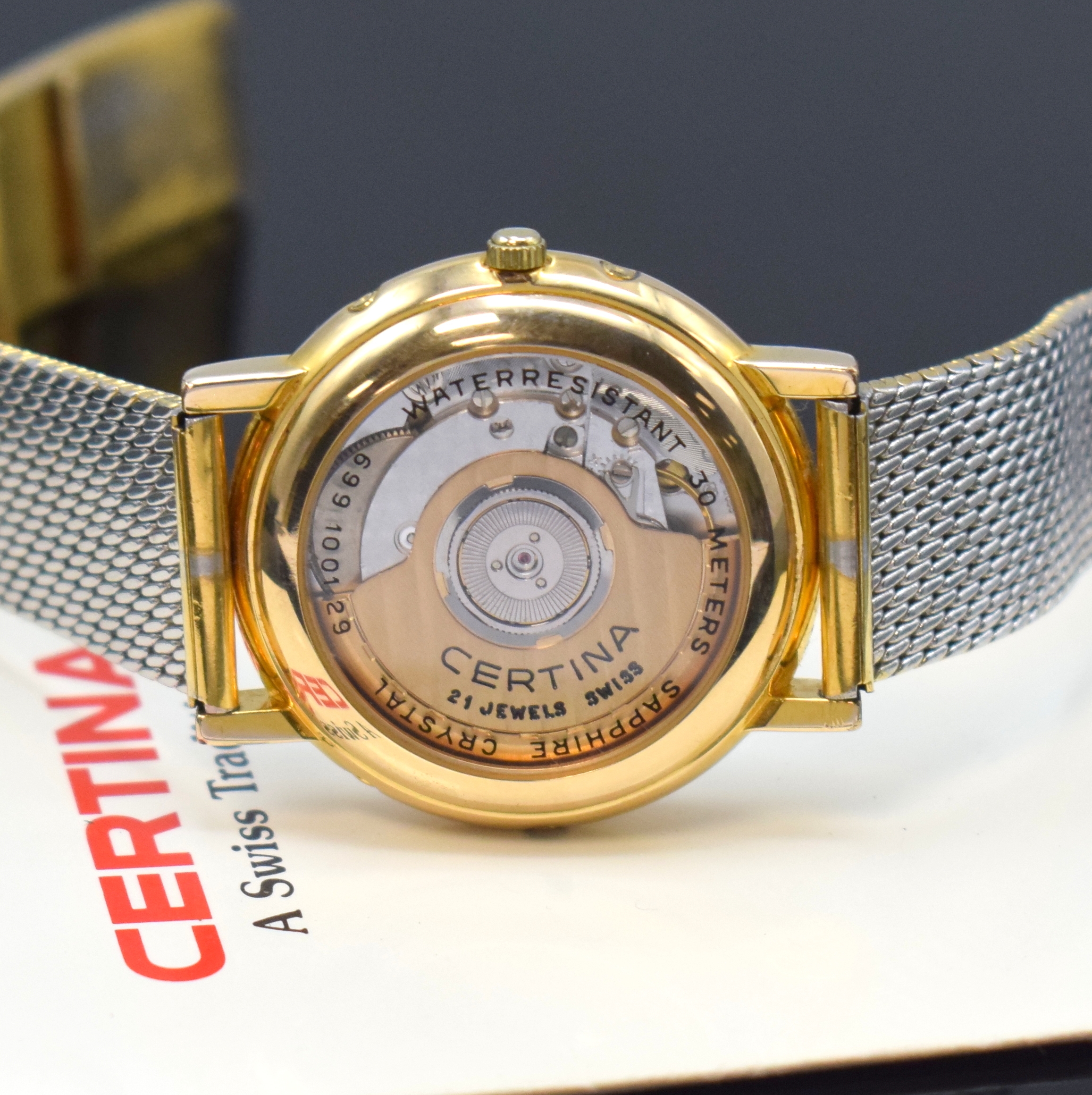 Detail d: CERTINA vergoldete Armbanduhr mit Vollkalender Referenz 699 1001 29, Schweiz um 1995, Automatik, beids. vergl. Geh., Boden aufgedr., seitl. ...