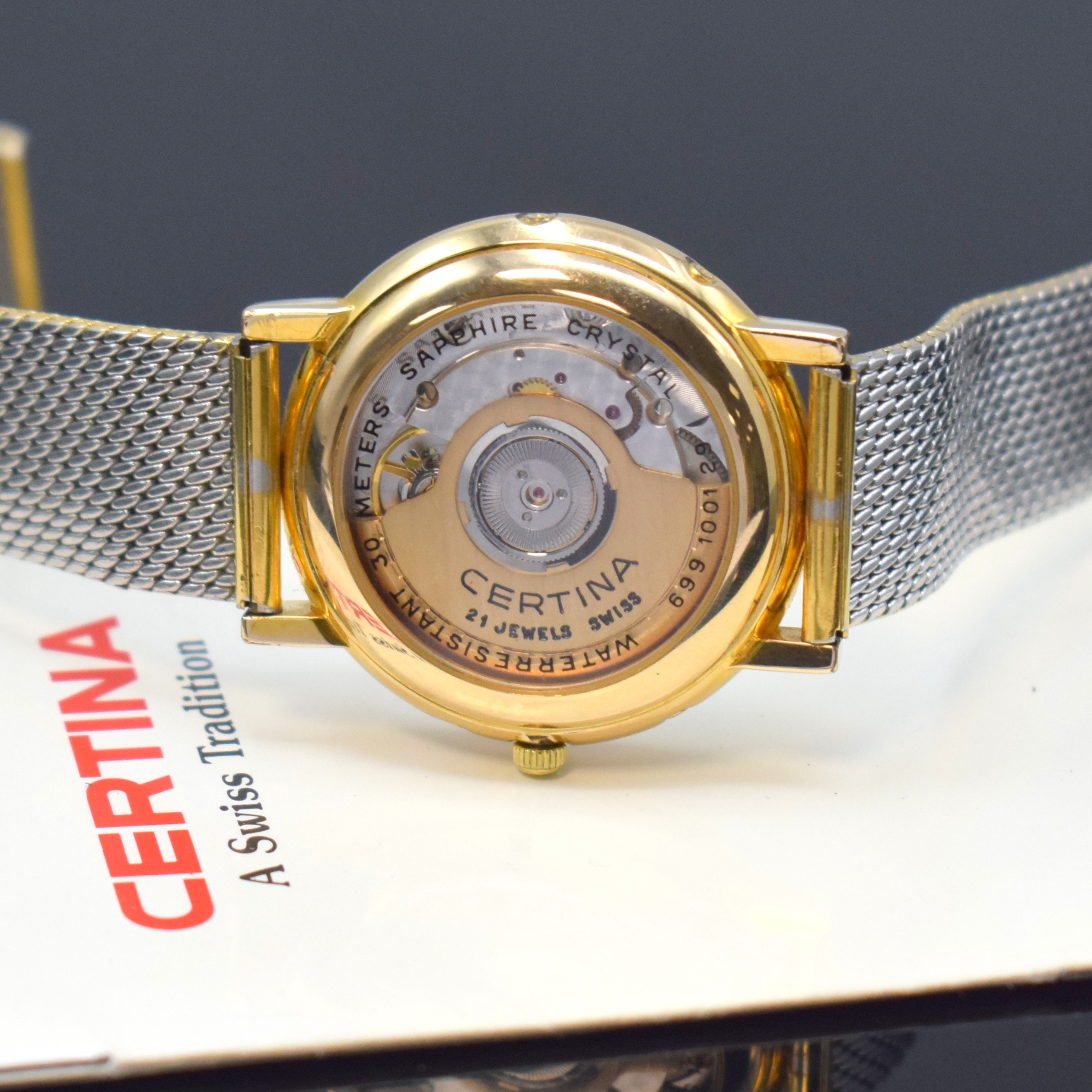 Detail e: CERTINA vergoldete Armbanduhr mit Vollkalender Referenz 699 1001 29, Schweiz um 1995, Automatik, beids. vergl. Geh., Boden aufgedr., seitl. ...