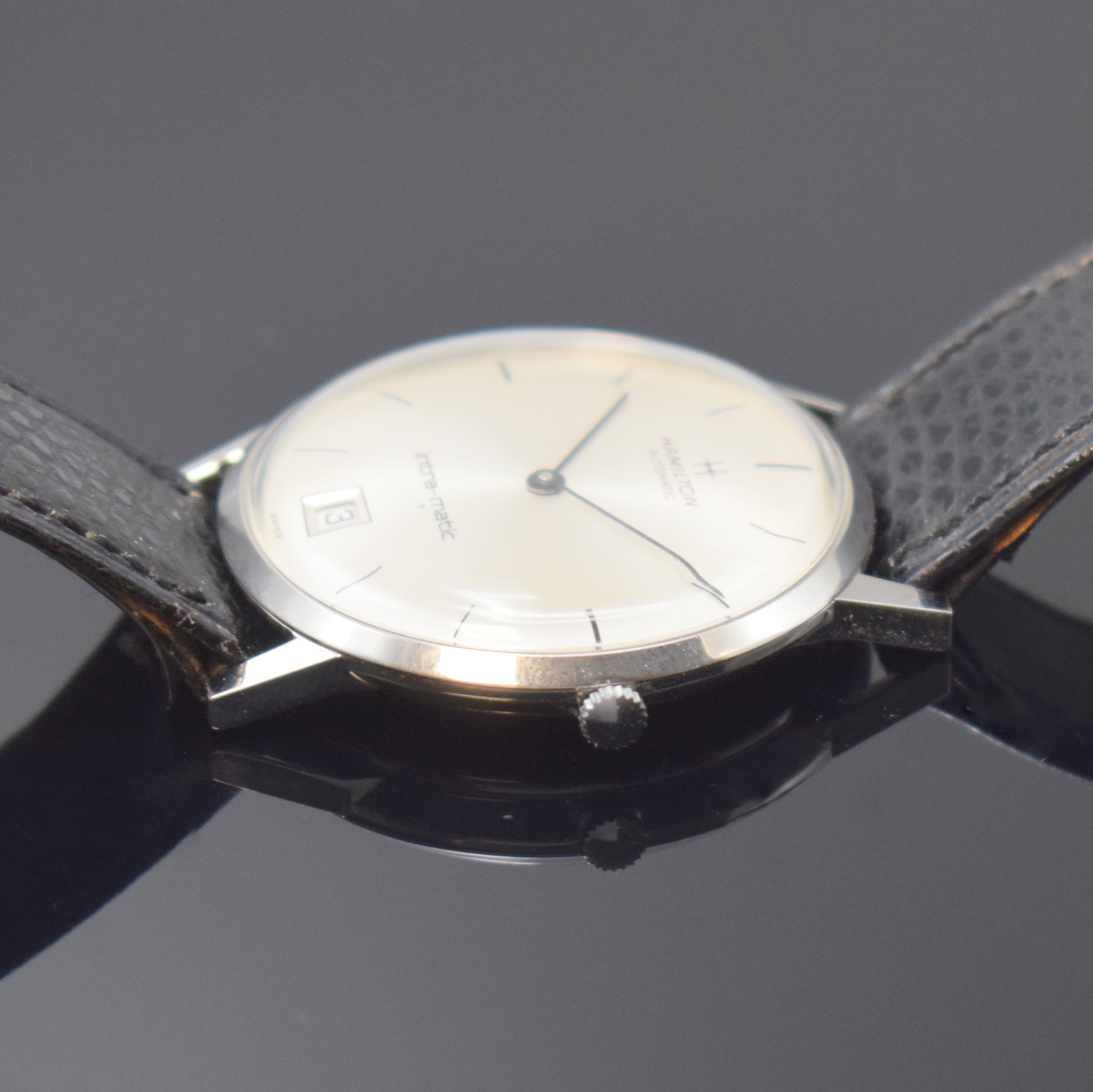 Detail b: HAMILTON Intra-Matic elegante Armbanduhr Referenz 92006 3 in Stahl, Schweiz um 1965, Automatik, 3-tlg. Geh., Boden u. Glasrand aufgedr., silb. ...