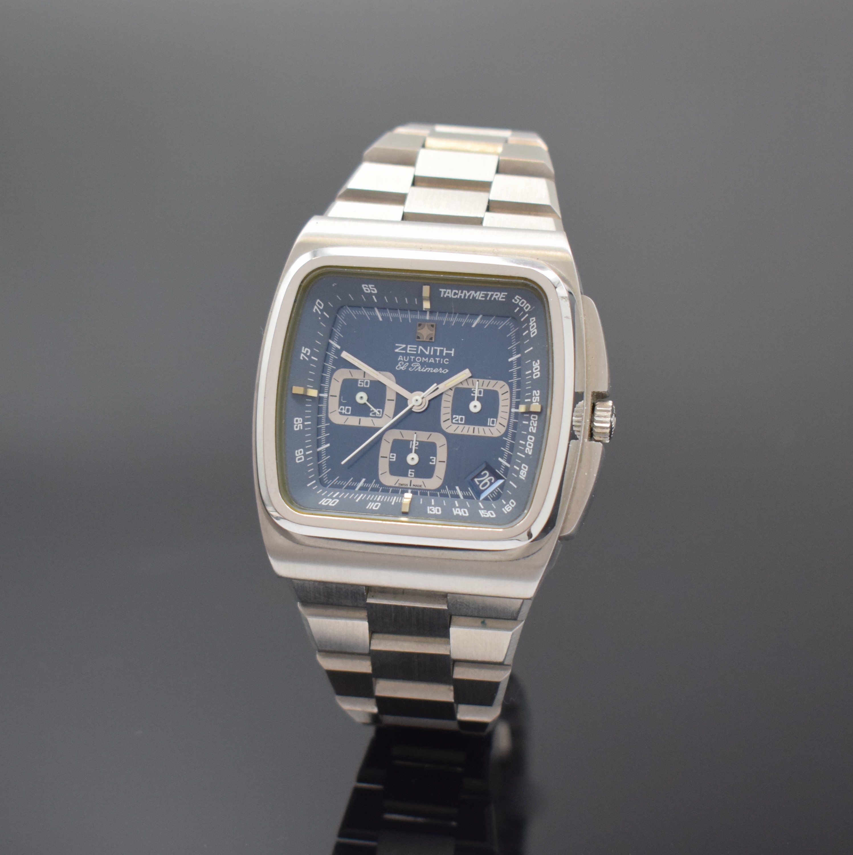 ZENITH El Primero TV-Screen Armbandchronograph Referenz 01-0200-415 in Stahl mit Stahlband, Schweiz um 1975, Automatik, verschr. Geh. m. integr. ...