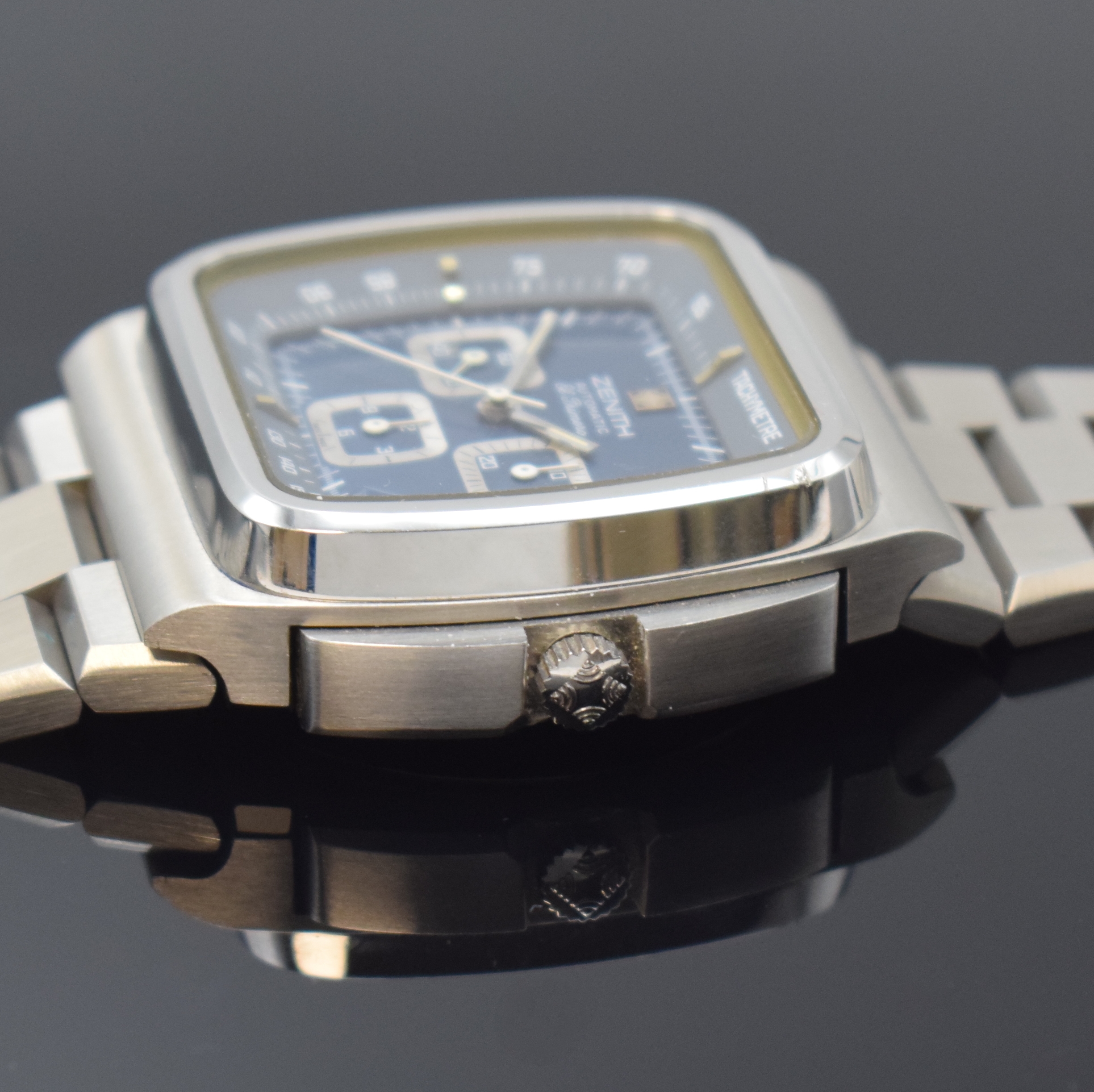 Detail c: ZENITH El Primero TV-Screen Armbandchronograph Referenz 01-0200-415 in Stahl mit Stahlband, Schweiz um 1975, Automatik, verschr. Geh. m. integr. ...