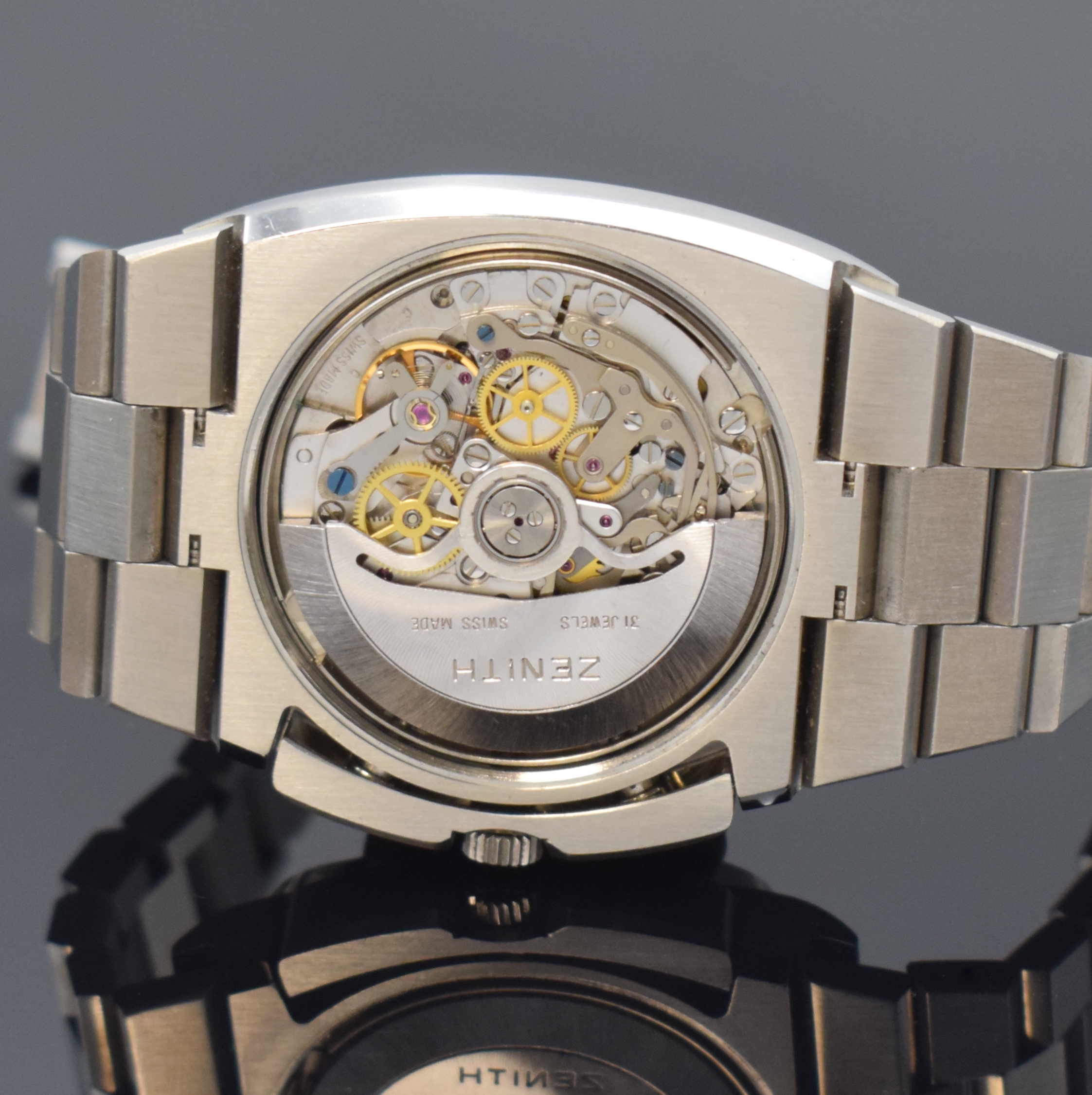 Detail f: ZENITH El Primero TV-Screen Armbandchronograph Referenz 01-0200-415 in Stahl mit Stahlband, Schweiz um 1975, Automatik, verschr. Geh. m. integr. ...