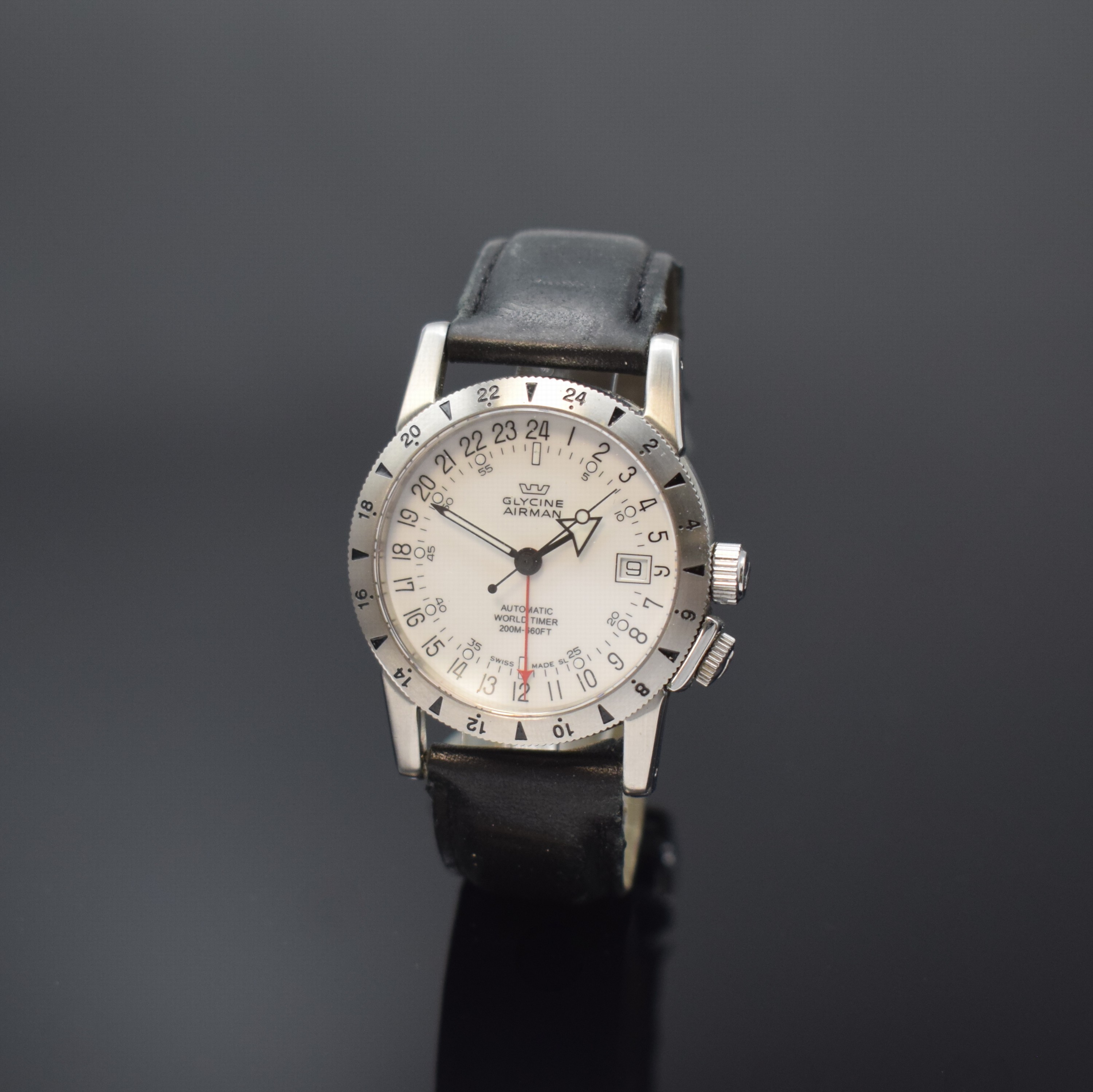 GLYCINE Herrenarmbanduhr Modell Airman World Timer Referenz 3831, Automatik, Schweiz um 2000, Edelstahlgeh. inkl. orig. Lederband (zu ers.) m. orig. ...