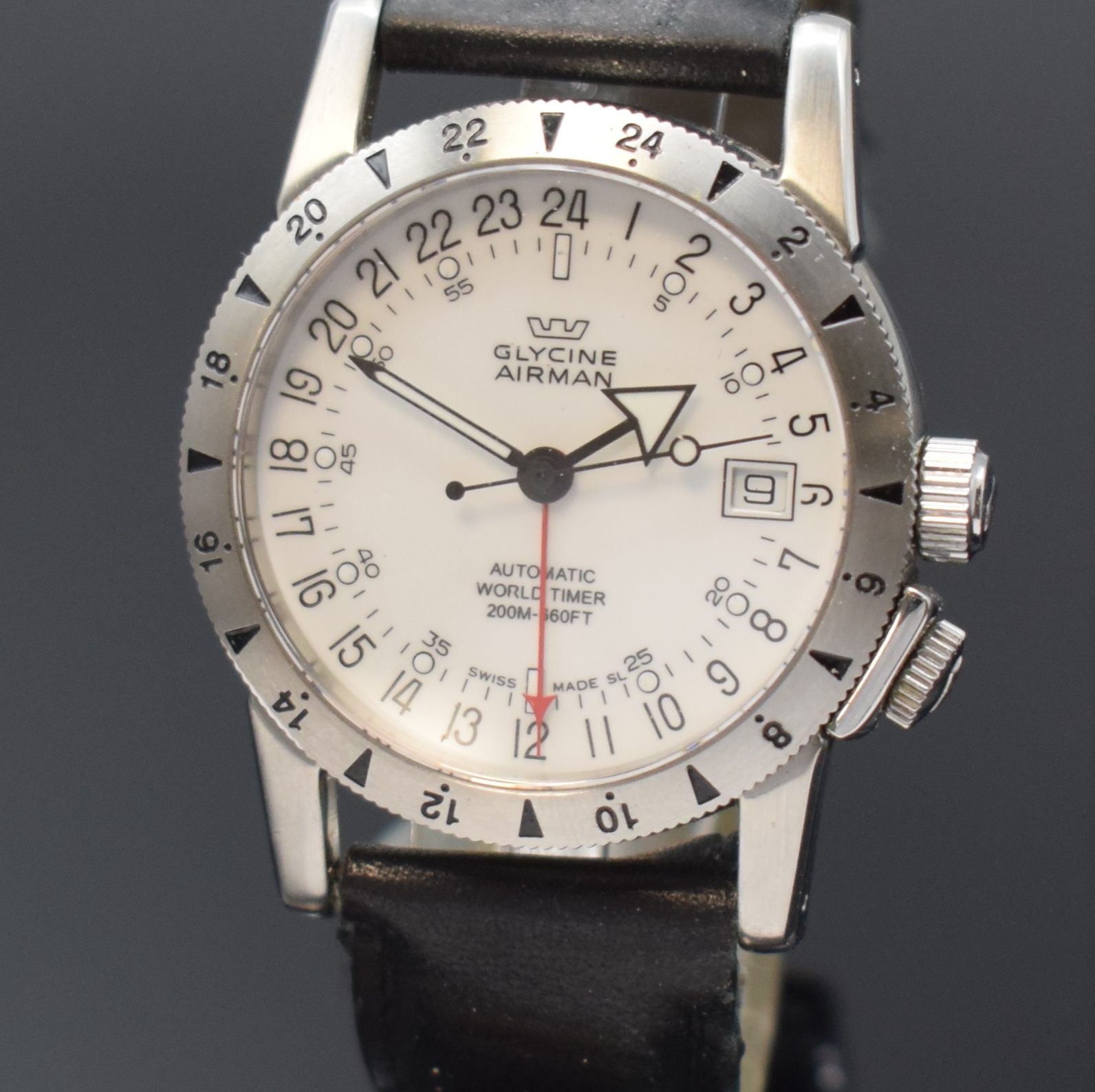 Detail a: GLYCINE Herrenarmbanduhr Modell Airman World Timer Referenz 3831, Automatik, Schweiz um 2000, Edelstahlgeh. inkl. orig. Lederband (zu ers.) m. orig. ...