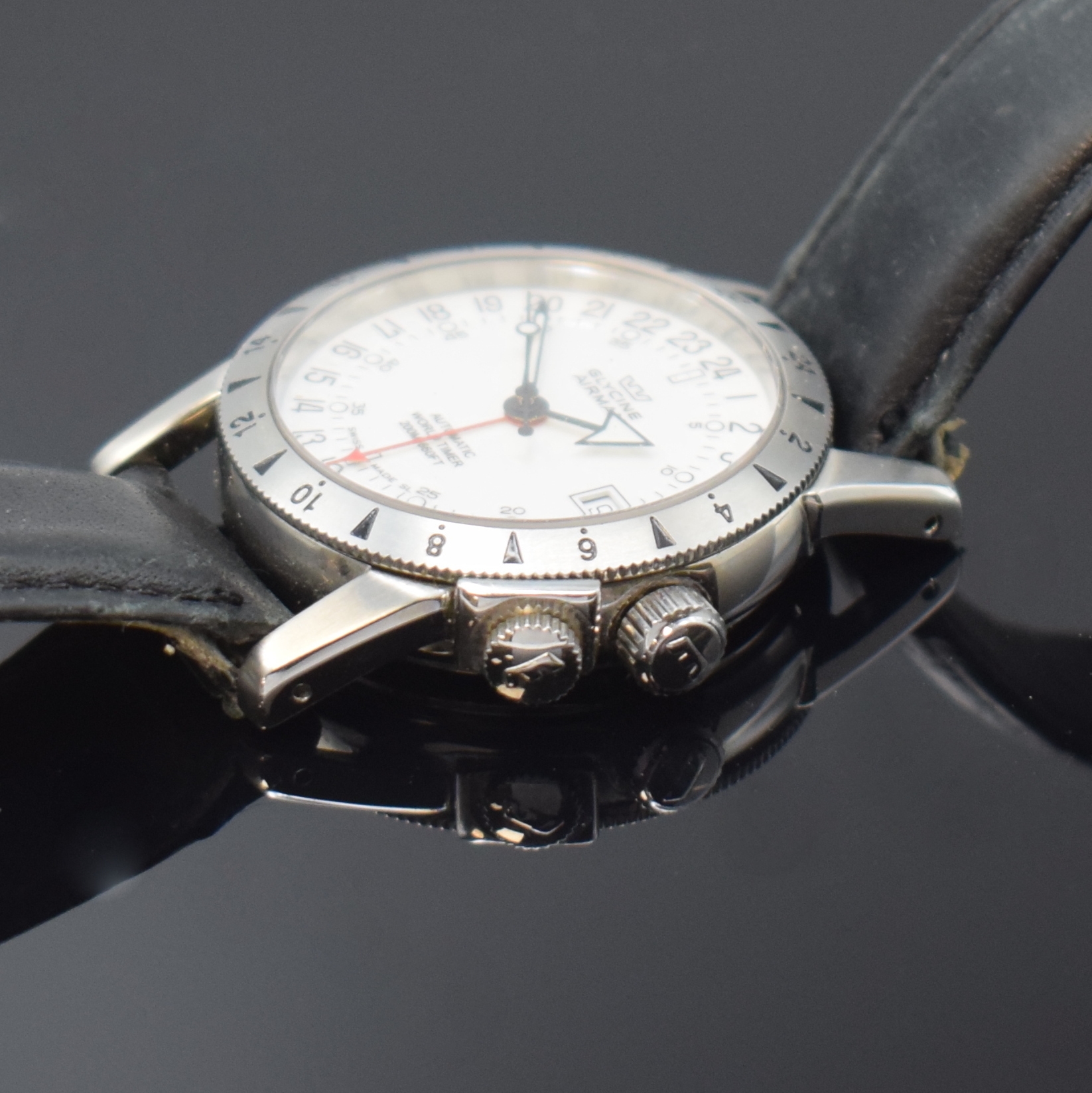 Detail c: GLYCINE Herrenarmbanduhr Modell Airman World Timer Referenz 3831, Automatik, Schweiz um 2000, Edelstahlgeh. inkl. orig. Lederband (zu ers.) m. orig. ...