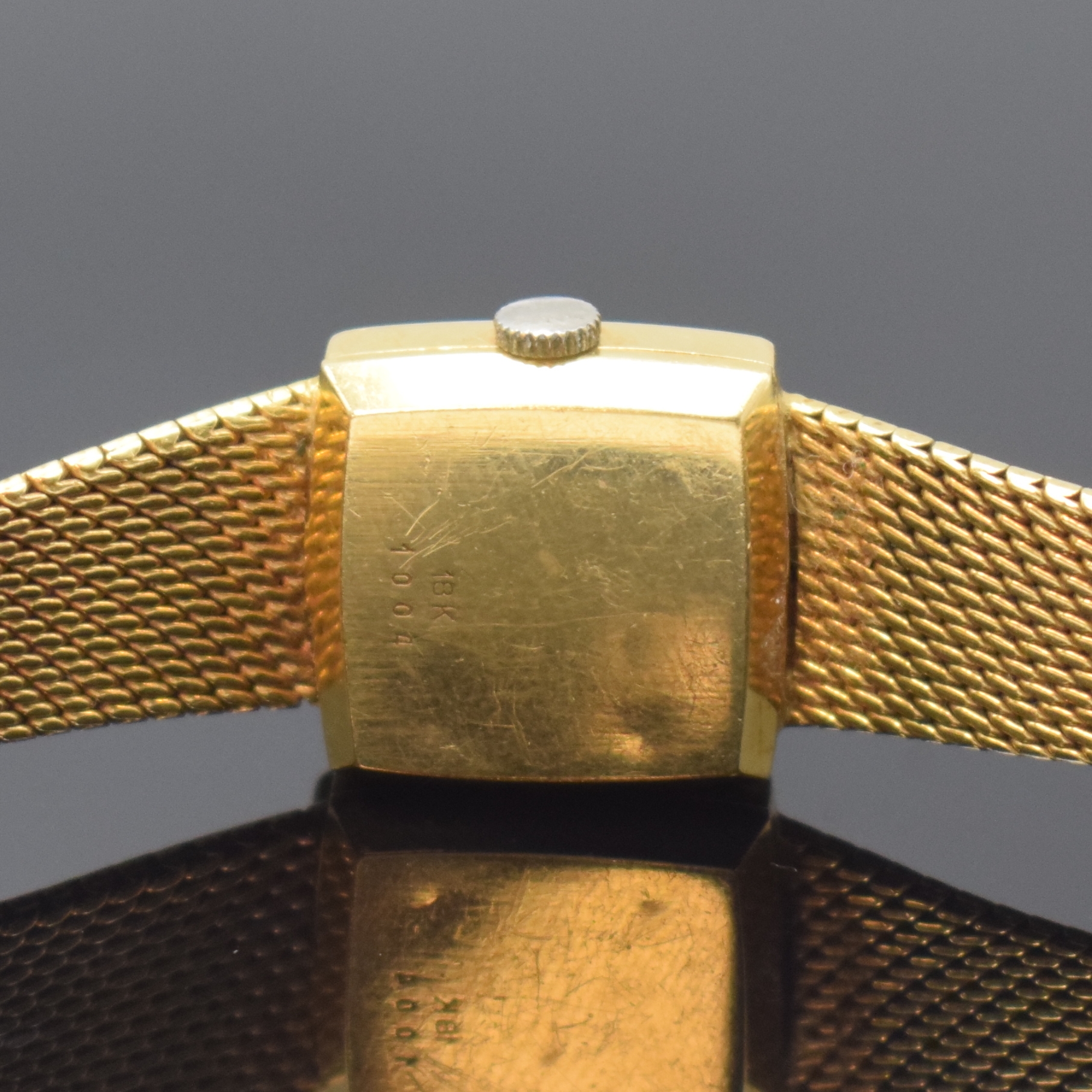 Detail c: BUCHERER Damenarmbanduhr in GG 750/000 Referenz 1004, Automatik, Schweiz um 1970, 2-teil. Geh., Boden aufgedr., Milanaiseband, silb. Zifferbl. m. ...