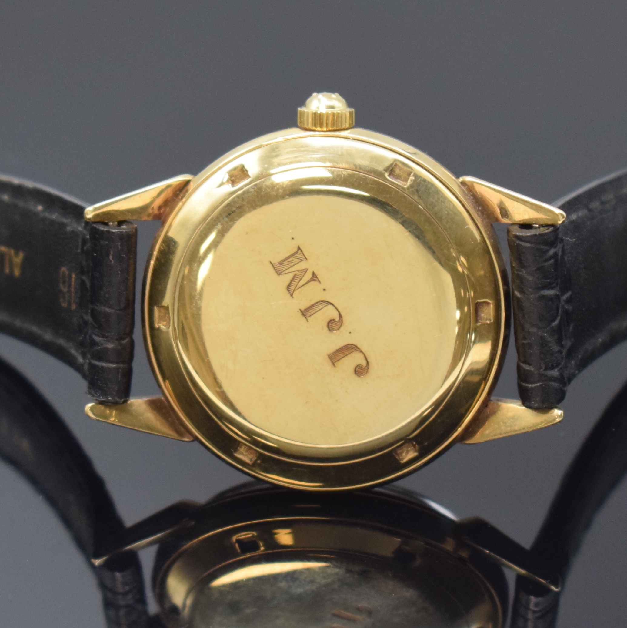 Detail c: ETERNA-MATIC Armbanduhr in GG 585/000, Automatik, Schweiz um 1955, verschr. Boden mit graviertem Monogram JJM, Zifferblatt m. aufgel. Indizes rest., ...