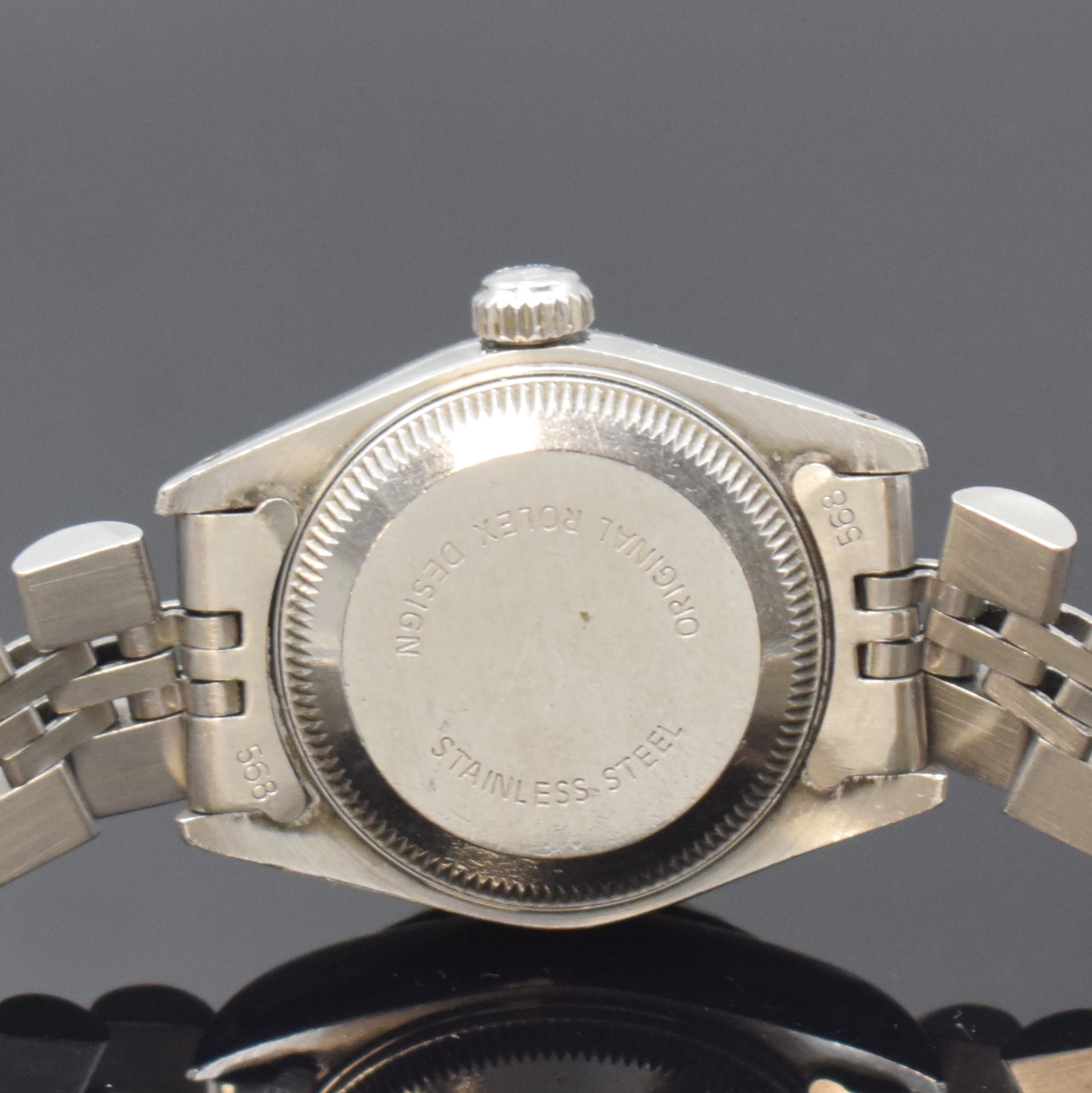 Detail d: ROLEX Date Damenarmbanduhr in Stahl Referenz 69190, Automatik, Schweiz um 1990, L-Serie, Boden und Krone verschr., Jubileeband m. Faltschl., ...