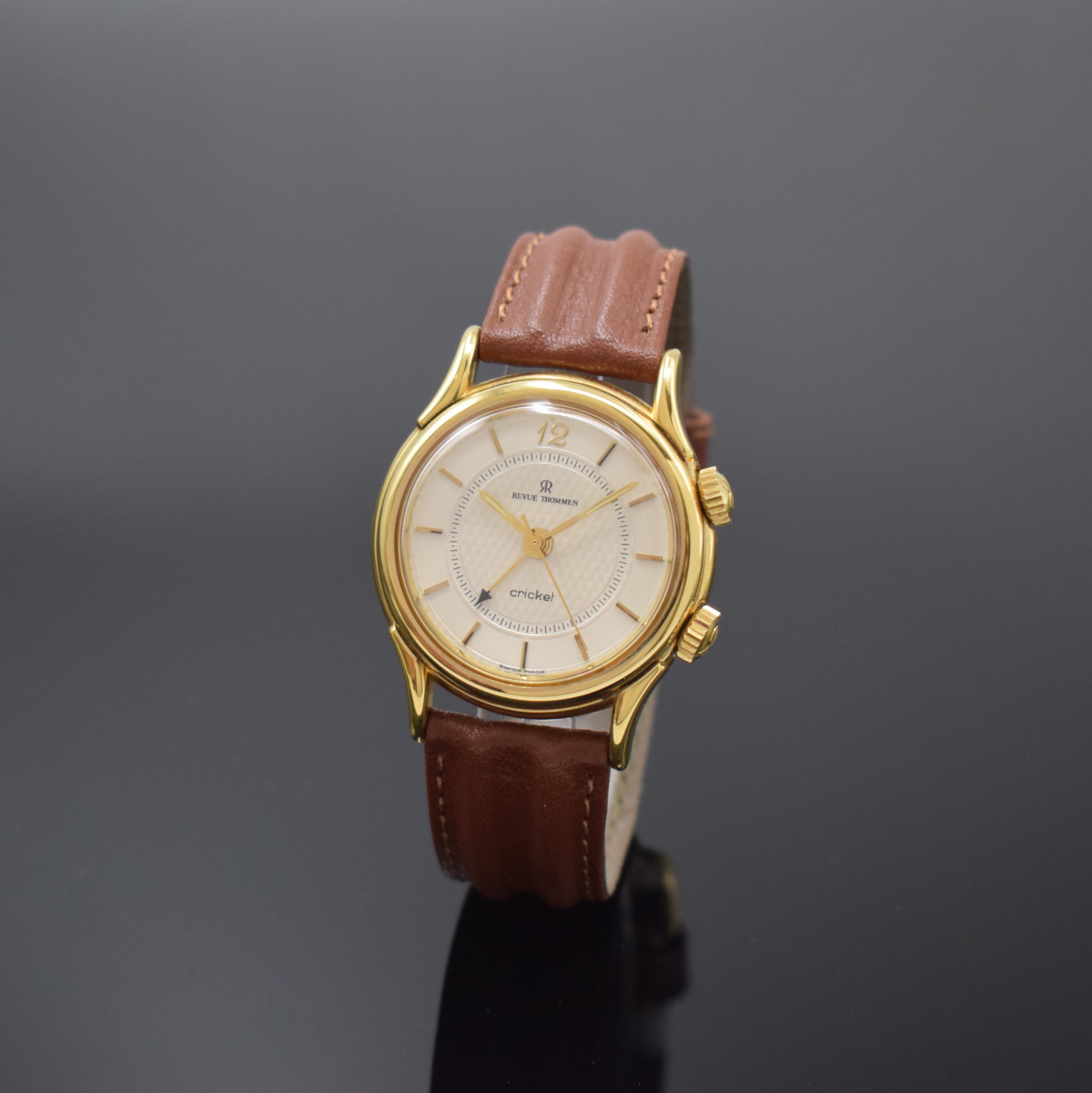 REVUE THOMMEN Armbandwecker Serie Cricket Referenz 7922001, Schweiz um 1993, Handaufzug, verg. Metallgeh. inkl. orig. Lederband m. orig. Dornschl., ...
