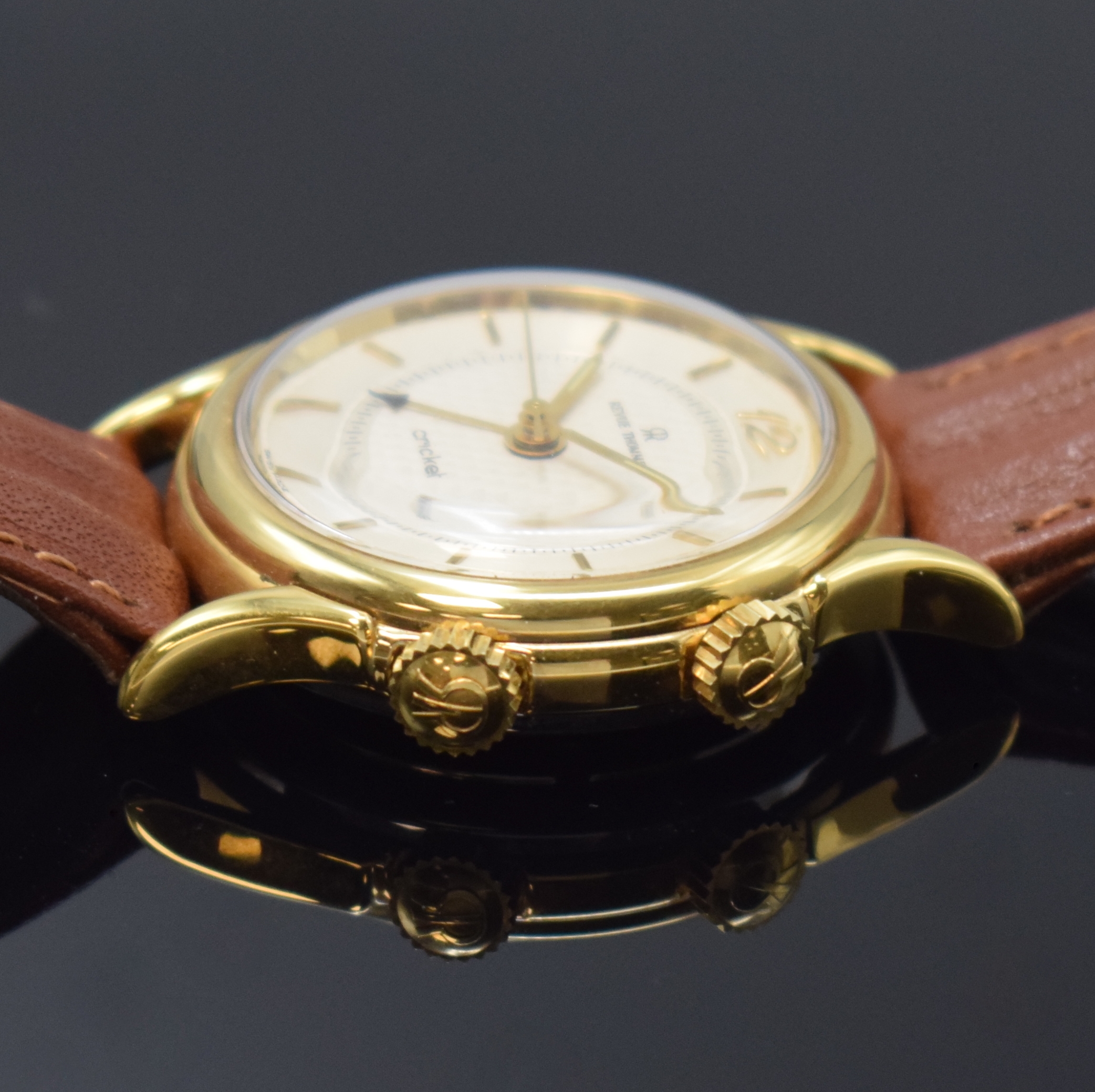Detail c: REVUE THOMMEN Armbandwecker Serie Cricket Referenz 7922001, Schweiz um 1993, Handaufzug, verg. Metallgeh. inkl. orig. Lederband m. orig. Dornschl., ...