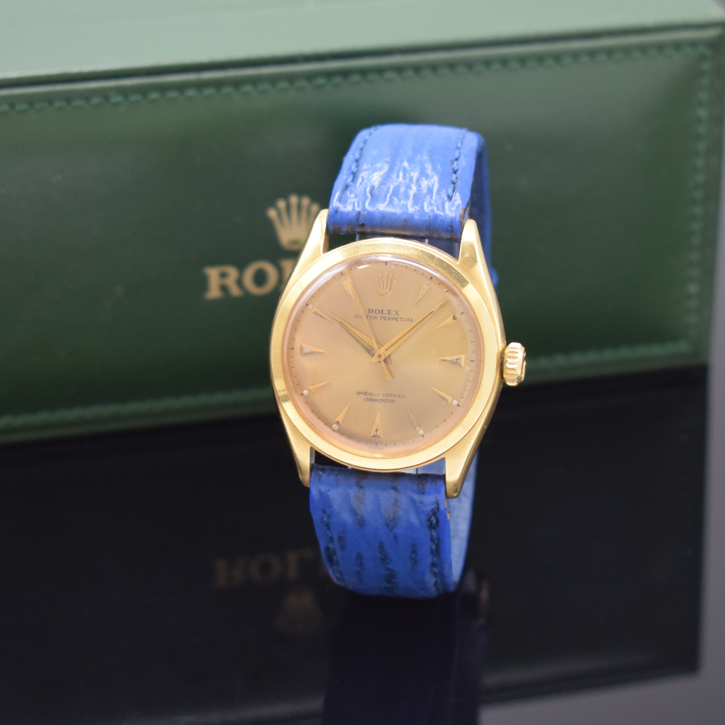 ROLEX Oyster Perpetual Chronometer Herrenarmbanduhr in GG 750/000 Referenz 6085, Automatik, Schweiz um 1951, Boden und Krone verschr., ab Herst. ...