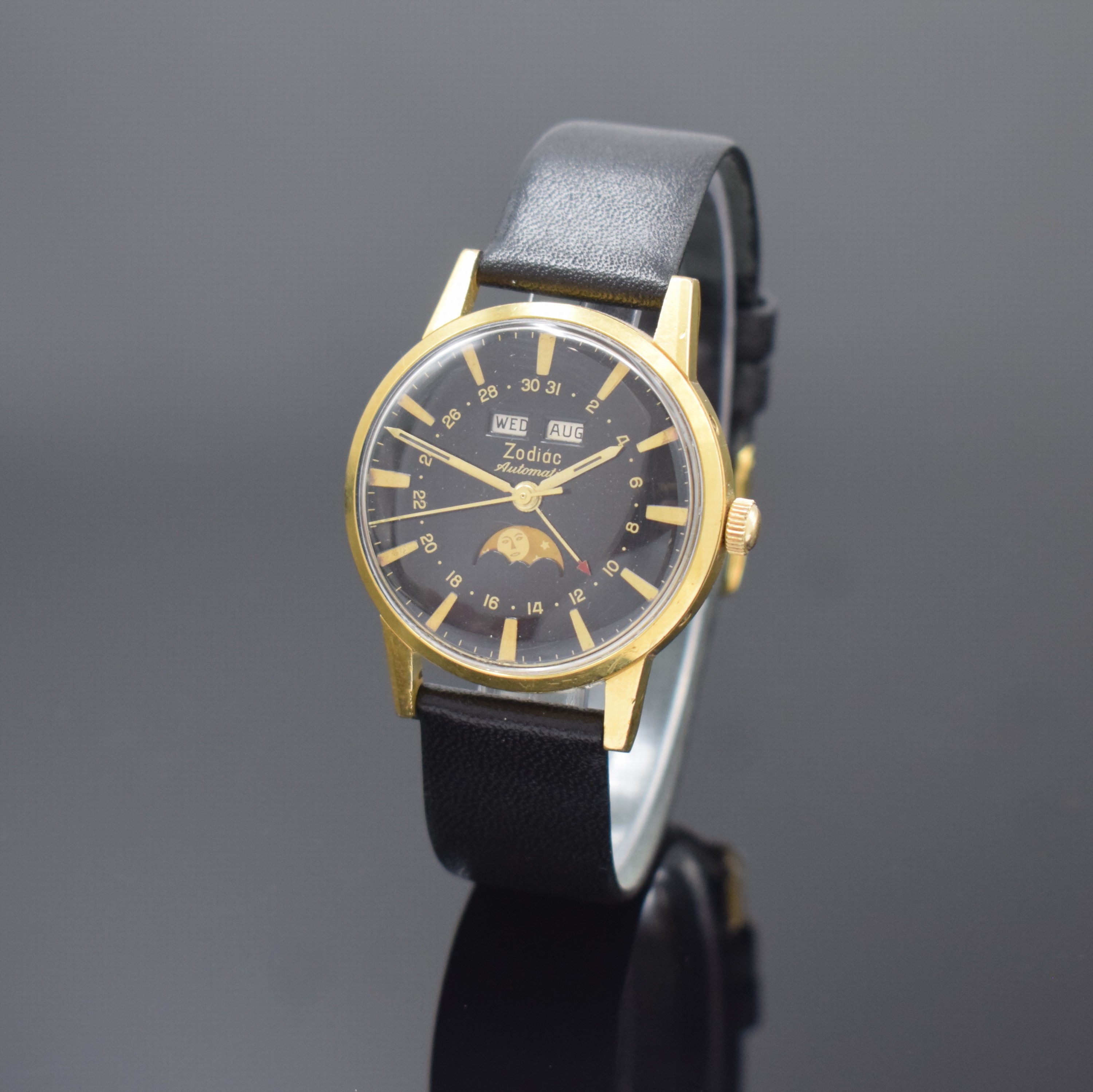 ZODIAC Herrenarmbanduhr mit Vollkalender inklusive Mondphase Referenz 743-908, Automatik, Schweiz um 1968, verg. Geh., Edelstahlboden und Glasrand ...