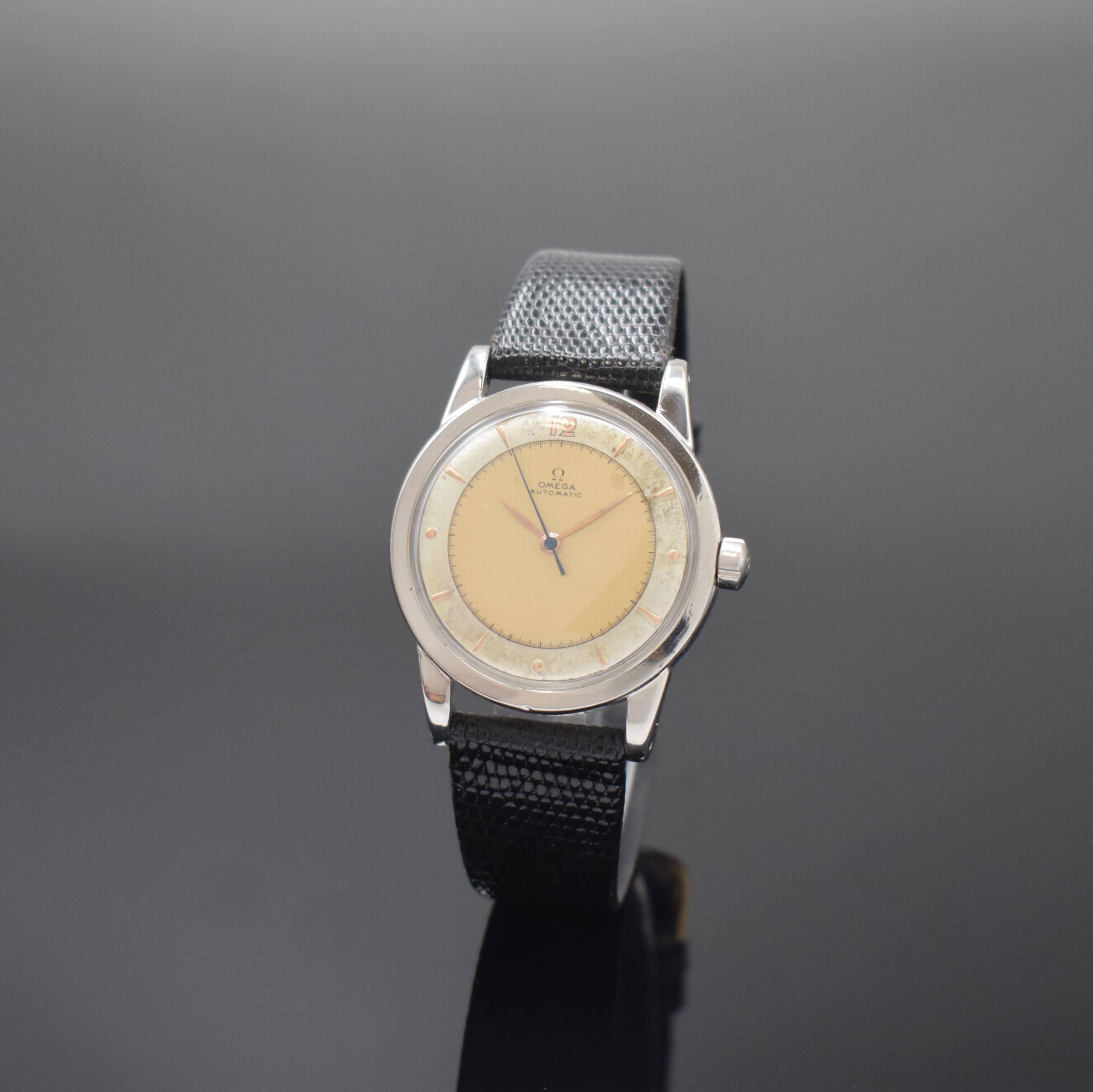 OMEGA seltene Herrenarmbanduhr mit Hammerautomatik Referenz 2576-11, Schweiz um 1947, 2-teil. Edelstahlgeh., verschr. Boden m. Eigentümergravur, ...
