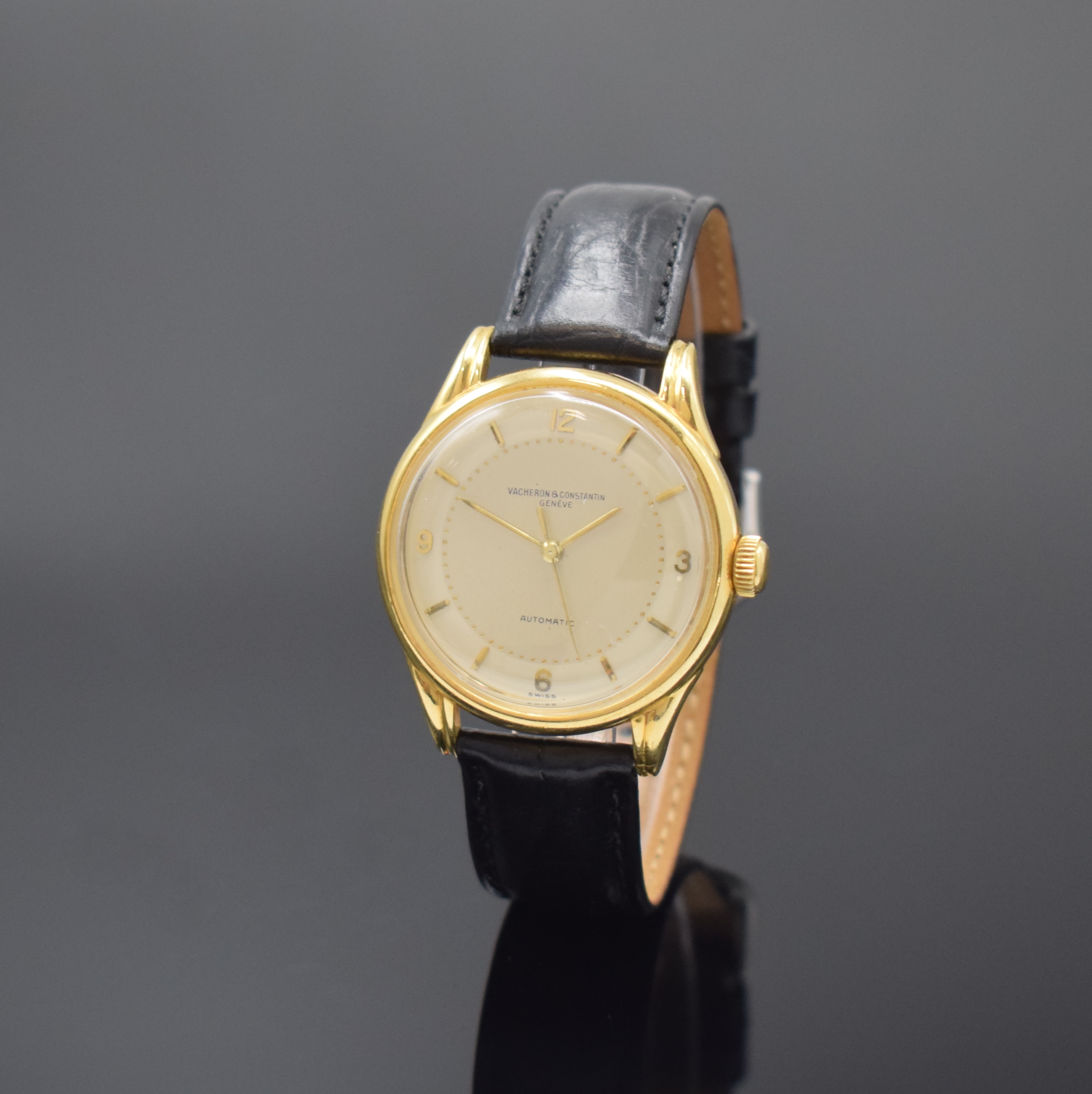 VACHERON & CONSTANTIN feine Herrenarmbanduhr in GG 750/000 mit Hammerautomatik, Schweiz um 1950, Automatik, verschr. 2-teil.-Geh., ausgef. Bandanst., ...